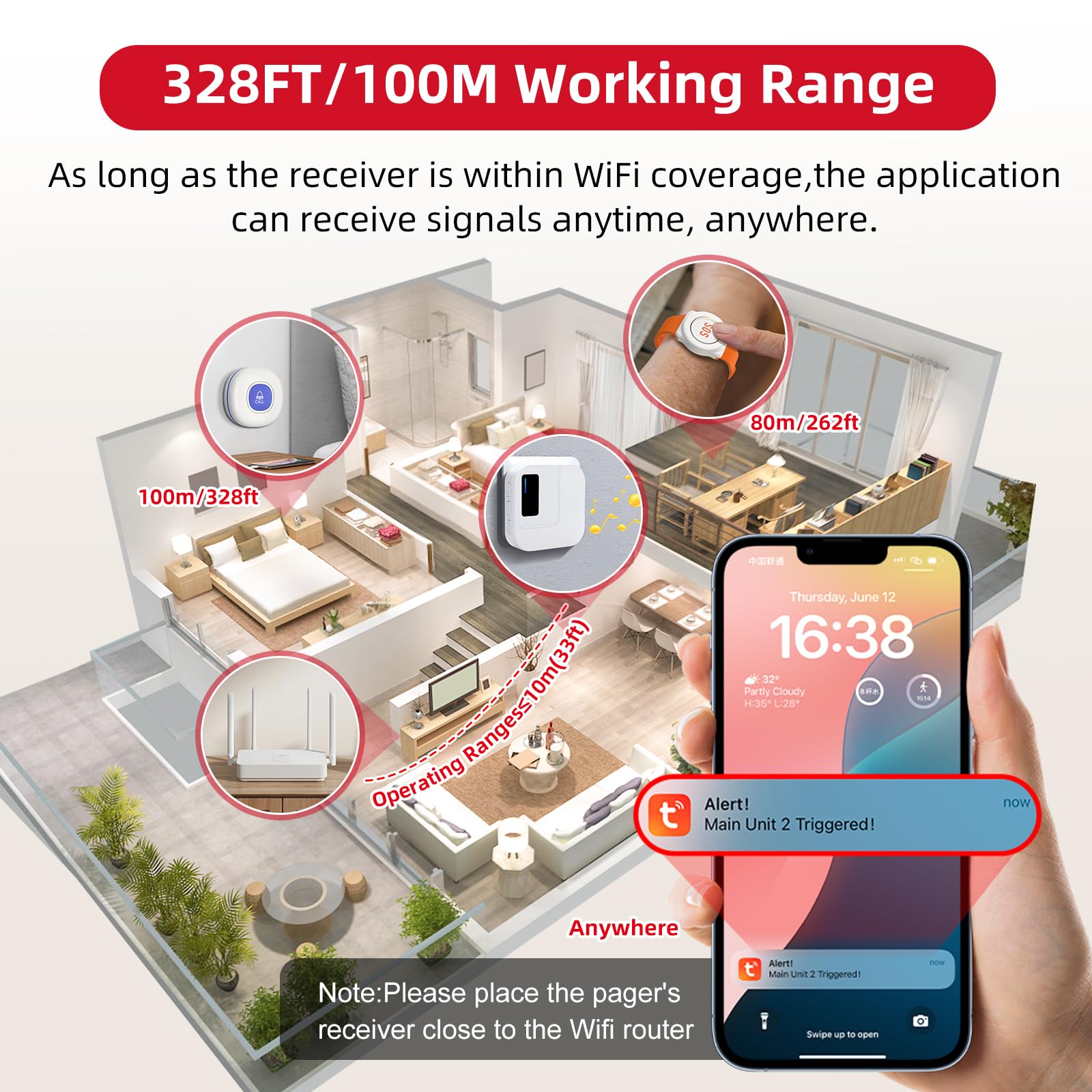CallToU Wi-Fi Wireless Caregiver Pager Call Button for Elderly at Home , APP Emergency Alert for Seniors, Patients, and The Disabled (TY02BL-US 2-1) thumbnail 5