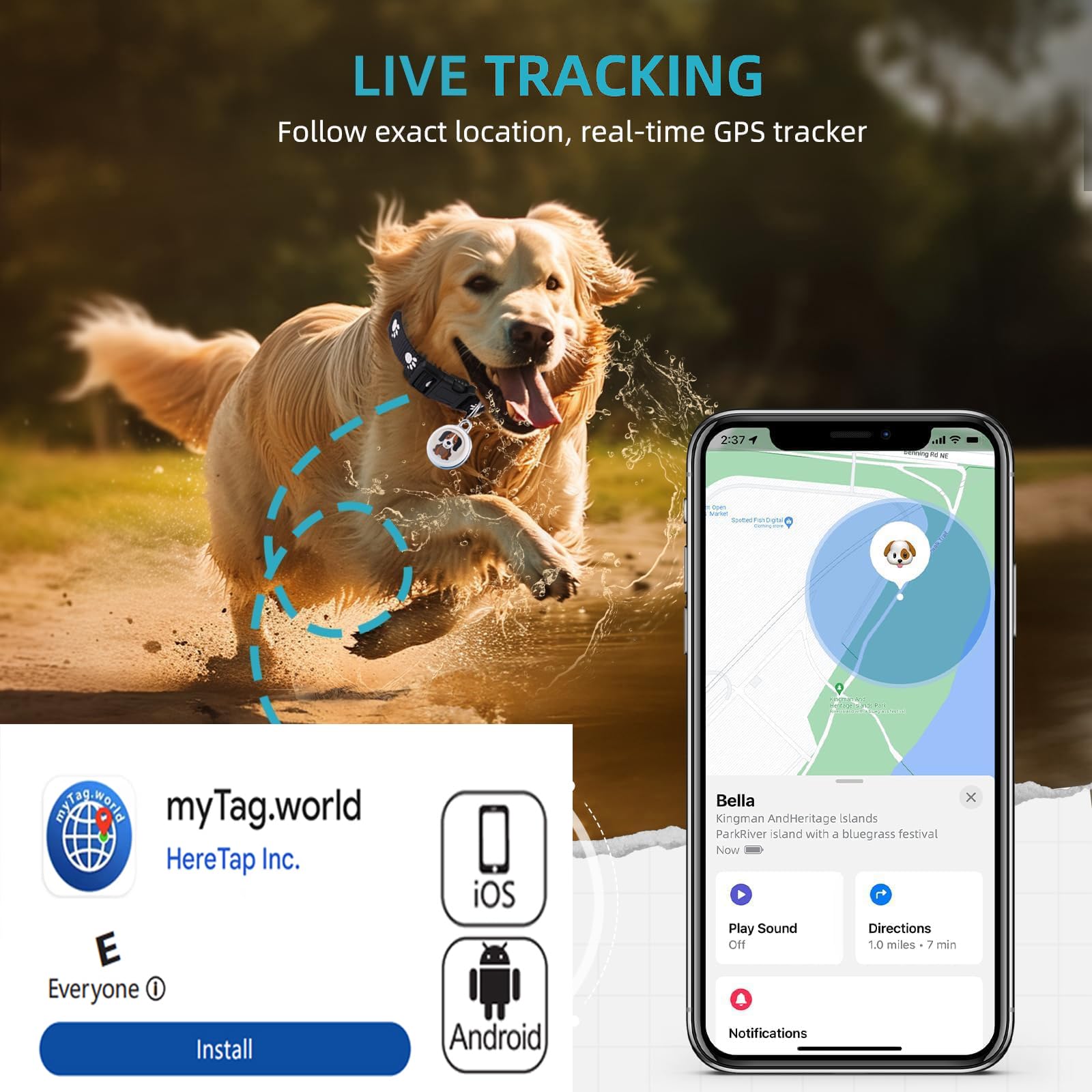 Dog Tracker-GPS Dog Collar-GPS Tracker for Dogs-Pet Tracker for Dogs | Android and iOS Universal | No Monthly Fee | Waterproof | Works with Any Collar thumbnail 2
