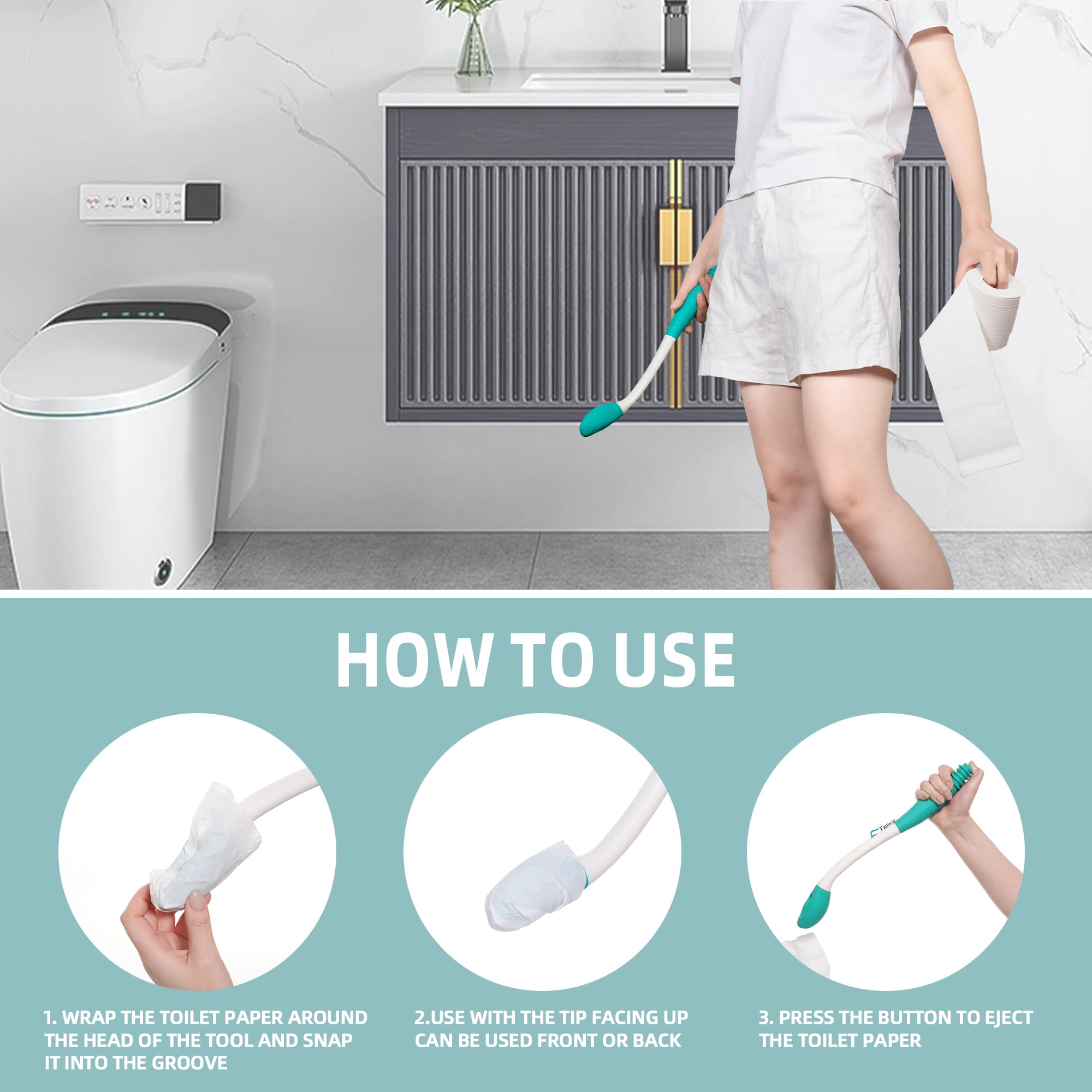 Fanwer Toilet Aids for Wiping - 15.7" Long Reach Comfort Butt Wiper Tools - Bathroom Bottom Buddy Wiping Self Assist for Disabled,Elderly,Pregnant,Overweight People and Back Surgery Recovery (2 Pack) thumbnail 4