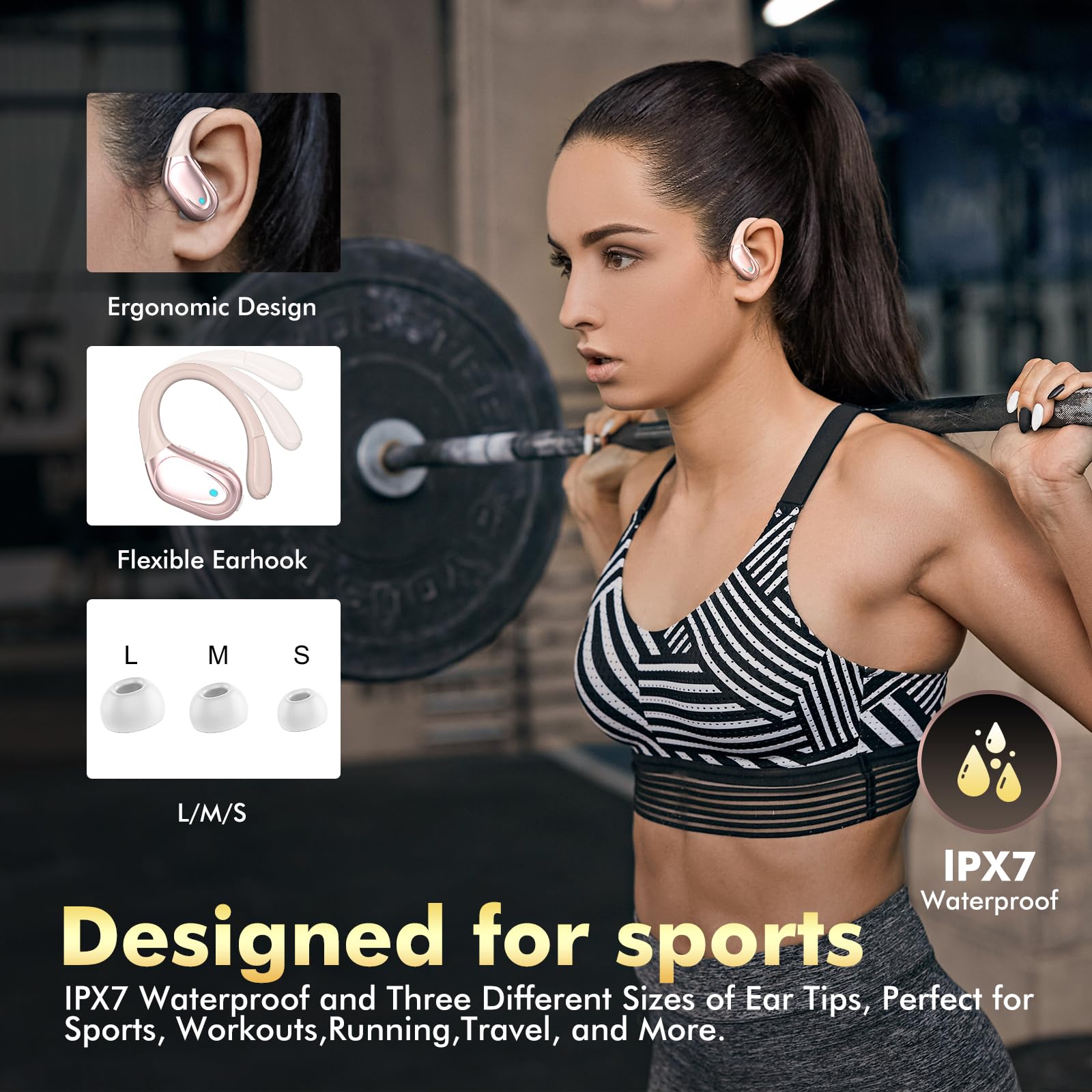 HAOYUYAN Wireless Earbuds, Sports Bluetooth Headphones, 80Hrs Playtime Ear Buds with LED Power Display, Noise Canceling Headset, IPX7 Waterproof Earphones for Workout/Running Rose Gold thumbnail 5