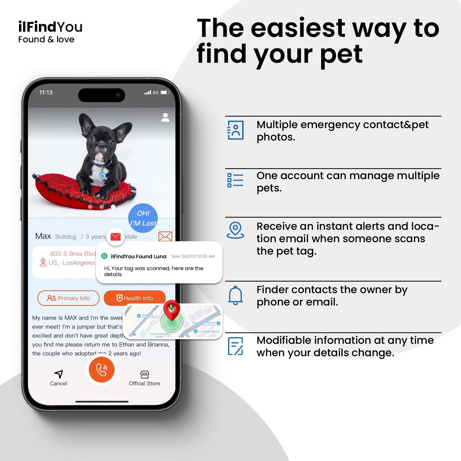 ilFindYou Dog Tags Personalized, QR Code Pet ID Tags for Dog Collar, Online Profile, Scan Location Alerts, Black thumbnail 4
