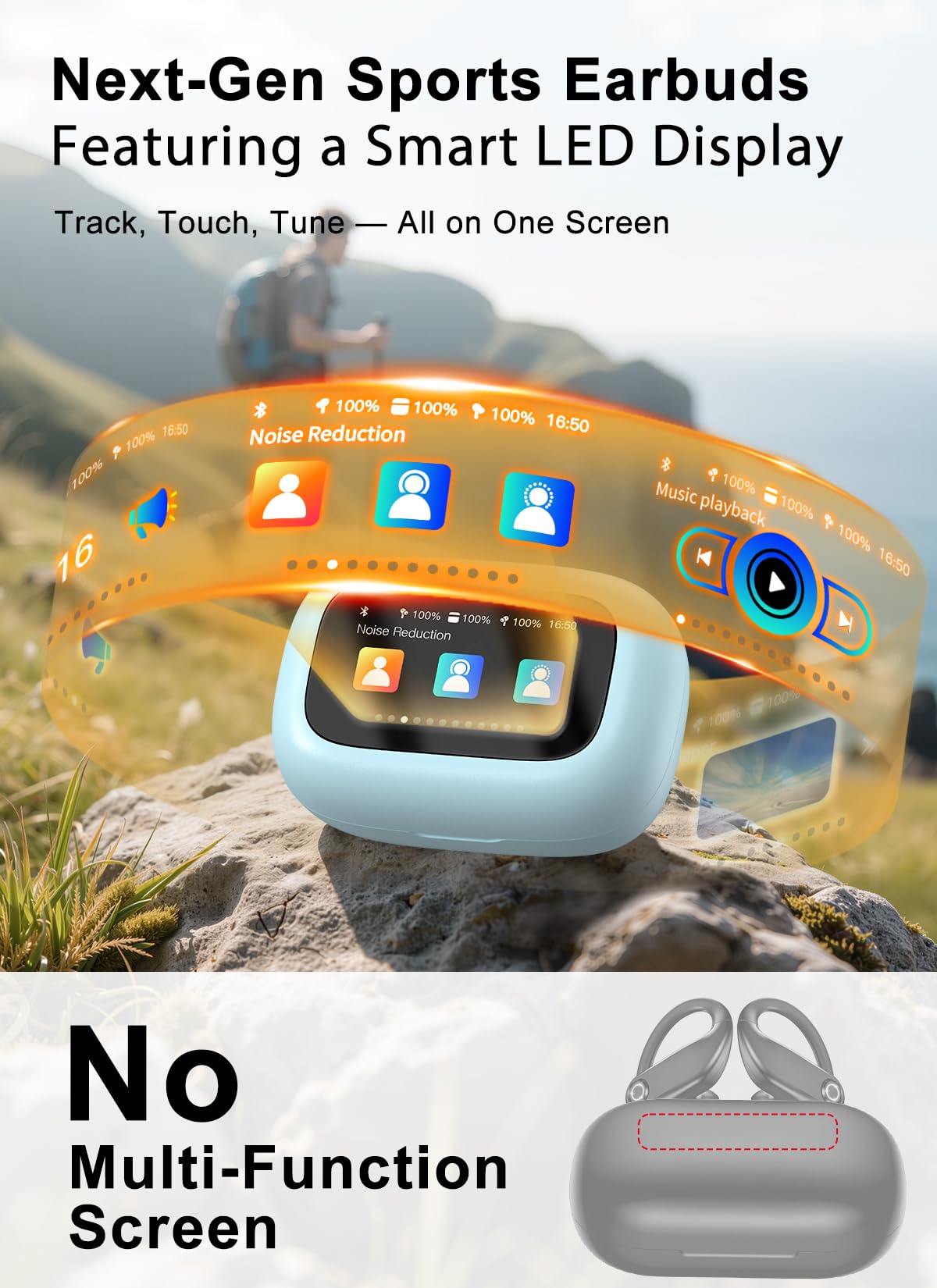 jaddsa Wireless Earbuds, ENC Noise Cancelling Sport Ear Buds with Multifunctional Touch Screen, Bluetooth 5.4 Headphones, Bass Stereo Sound, 5 EQ Over The Ear Earbuds for Sports/Workout/Gym-Black thumbnail 2