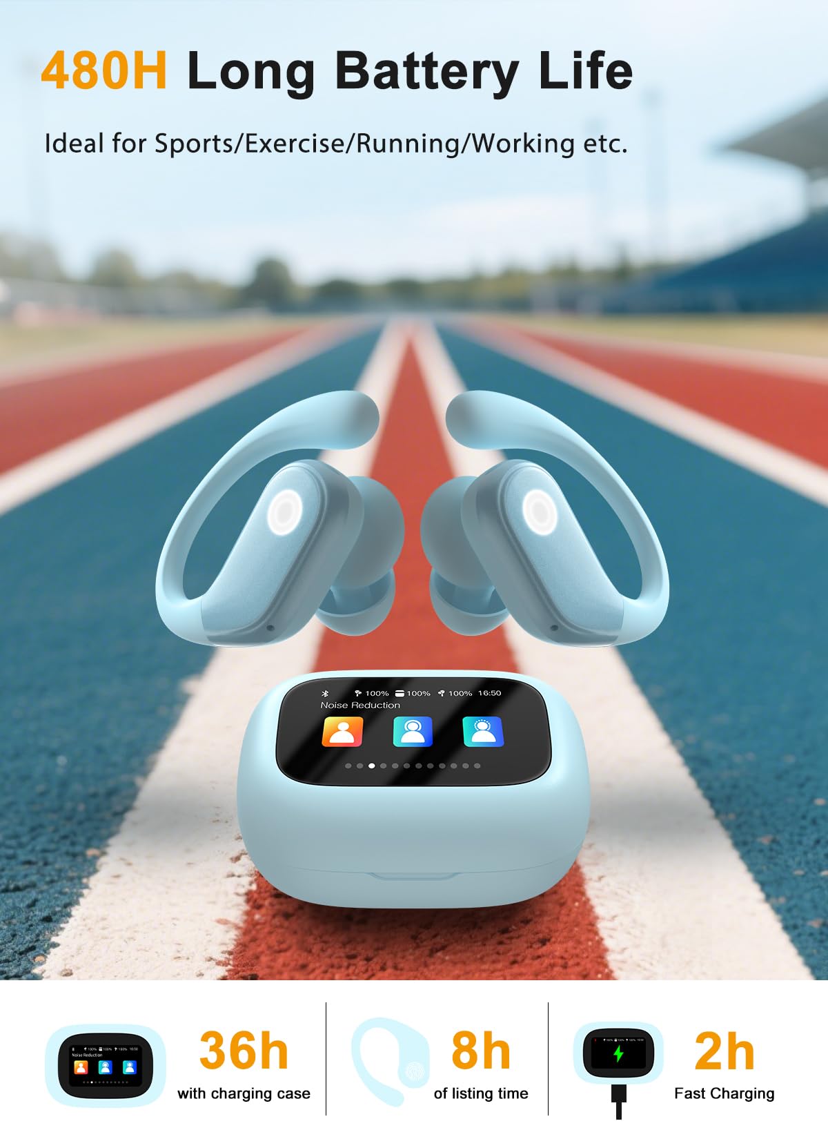 jaddsa Wireless Earbuds, ENC Noise Cancelling Sport Ear Buds with Multifunctional Touch Screen, Bluetooth 5.4 Headphones, Bass Stereo Sound, 5 EQ Over The Ear Earbuds for Sports/Workout/Gym-Black thumbnail 3