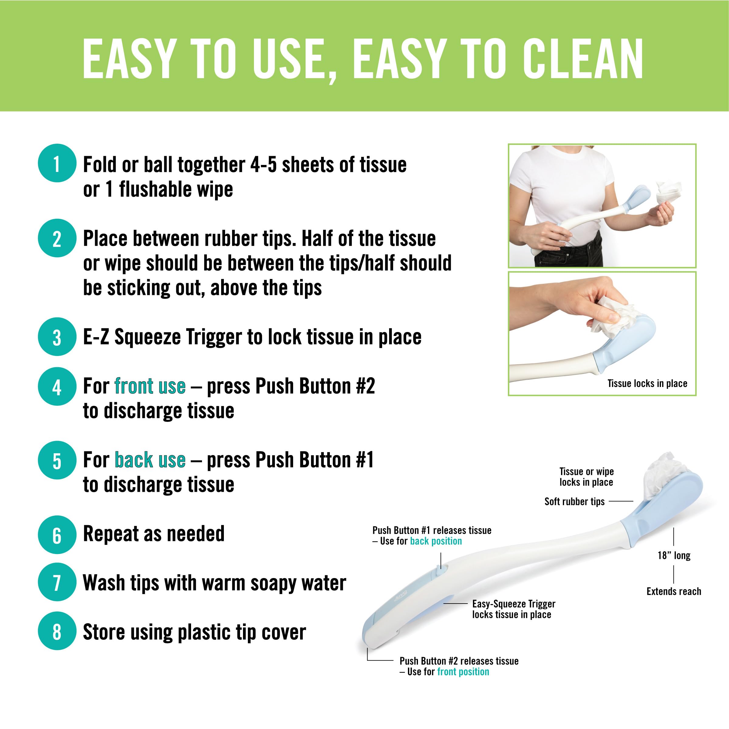 Juvo Toilet Aid - Personal Bottom Wiping Tool, Bathroom Mobility Aid for Disabled, Elderly, and Surgery Recovery - 18" long wand with hygienic cover thumbnail 4