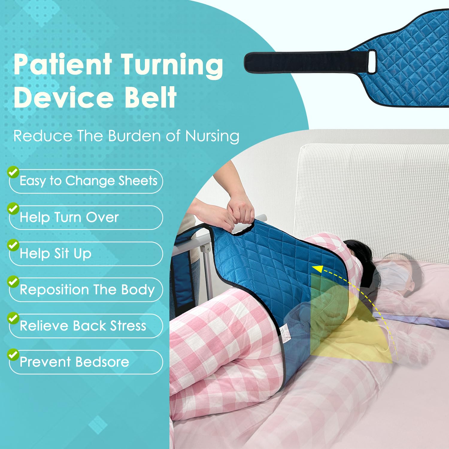 NEPPT Bedridden Patient Turning Device Belt for Bed Rails Elderly Adults Safety Bed Turner Straps to Change Diaper Transfer Sling Positioning Bed Pad with Handle Bed Sore Prevention Home Care (Blue) thumbnail 3