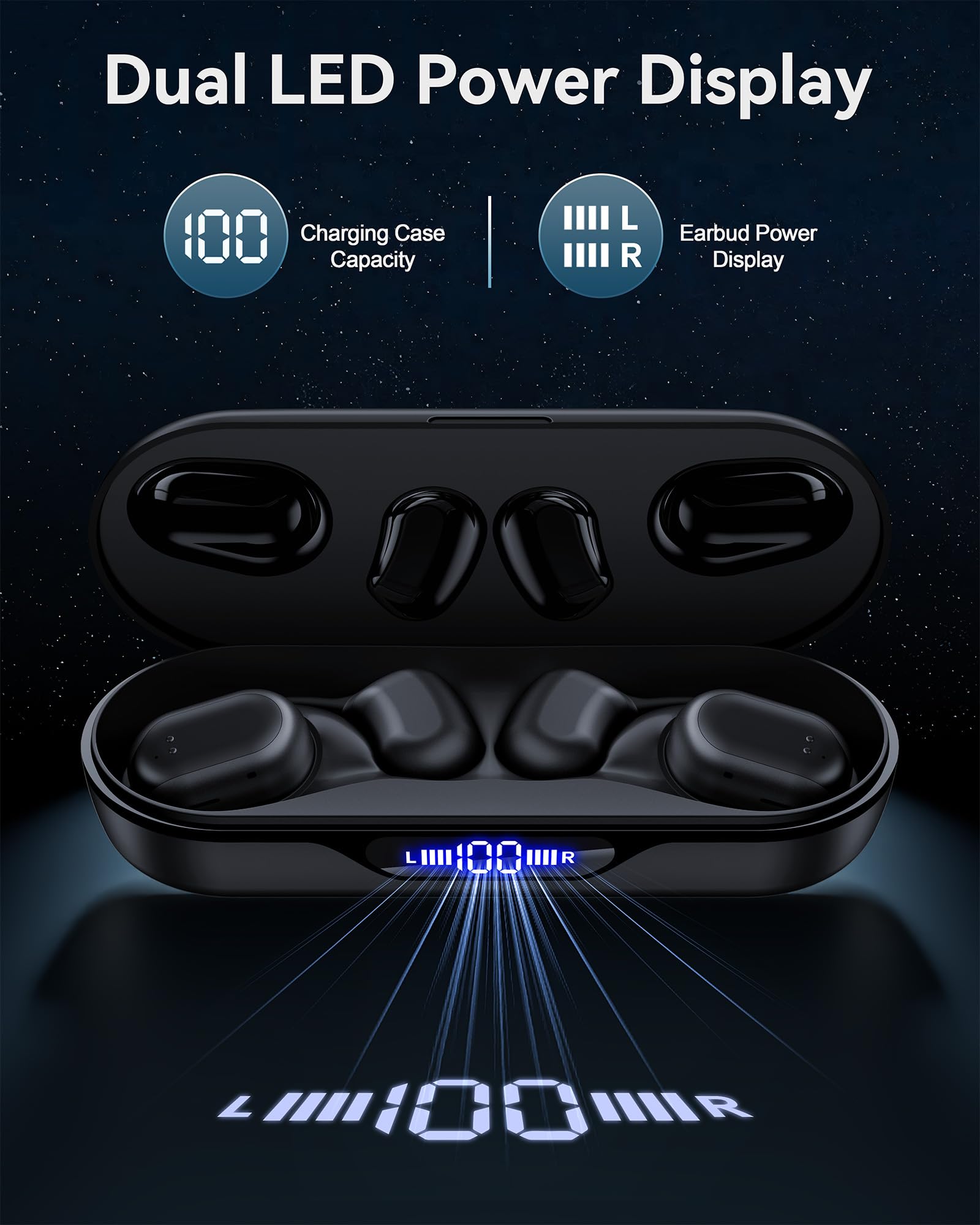 Open Ear Earbuds Ear Buds with LED Display &amp; 90H Playtime, Bluetooth 5.3 Wireless Earbuds, IPX7 Waterproof Bluetooth Headphones with Earhook Design - Earphones for Running, Cycling Workouts, Black thumbnail 3