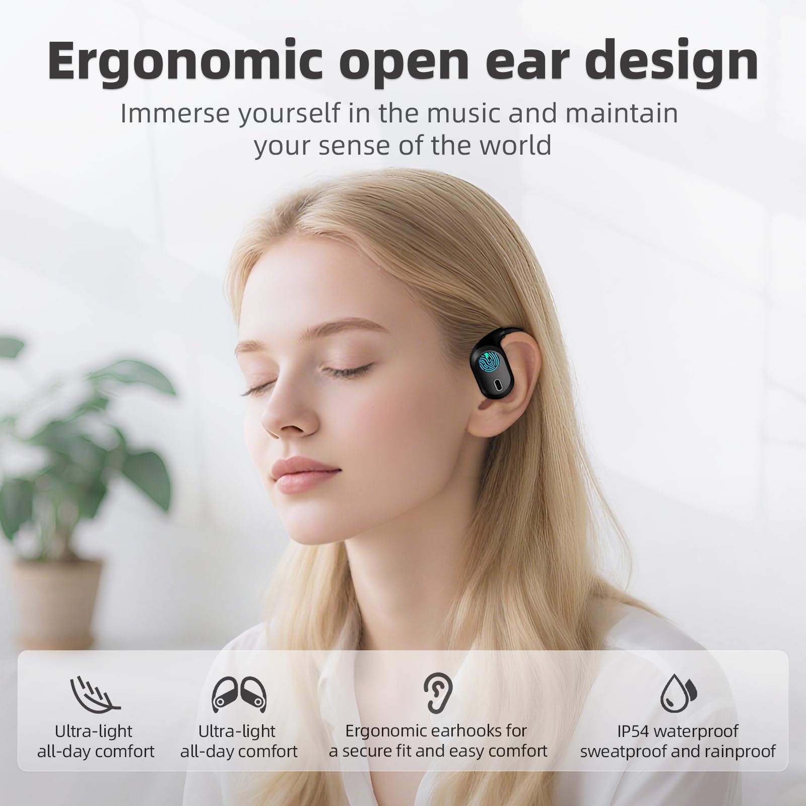 QUYIIDEE Open Ear Headphones, Bluetooth 5.4 Wireless Earbuds, 40H Playback, with LED Dgital Display, IP54 Waterproof Sports Headphones for Running, Cycling and Gym (Black) thumbnail 2