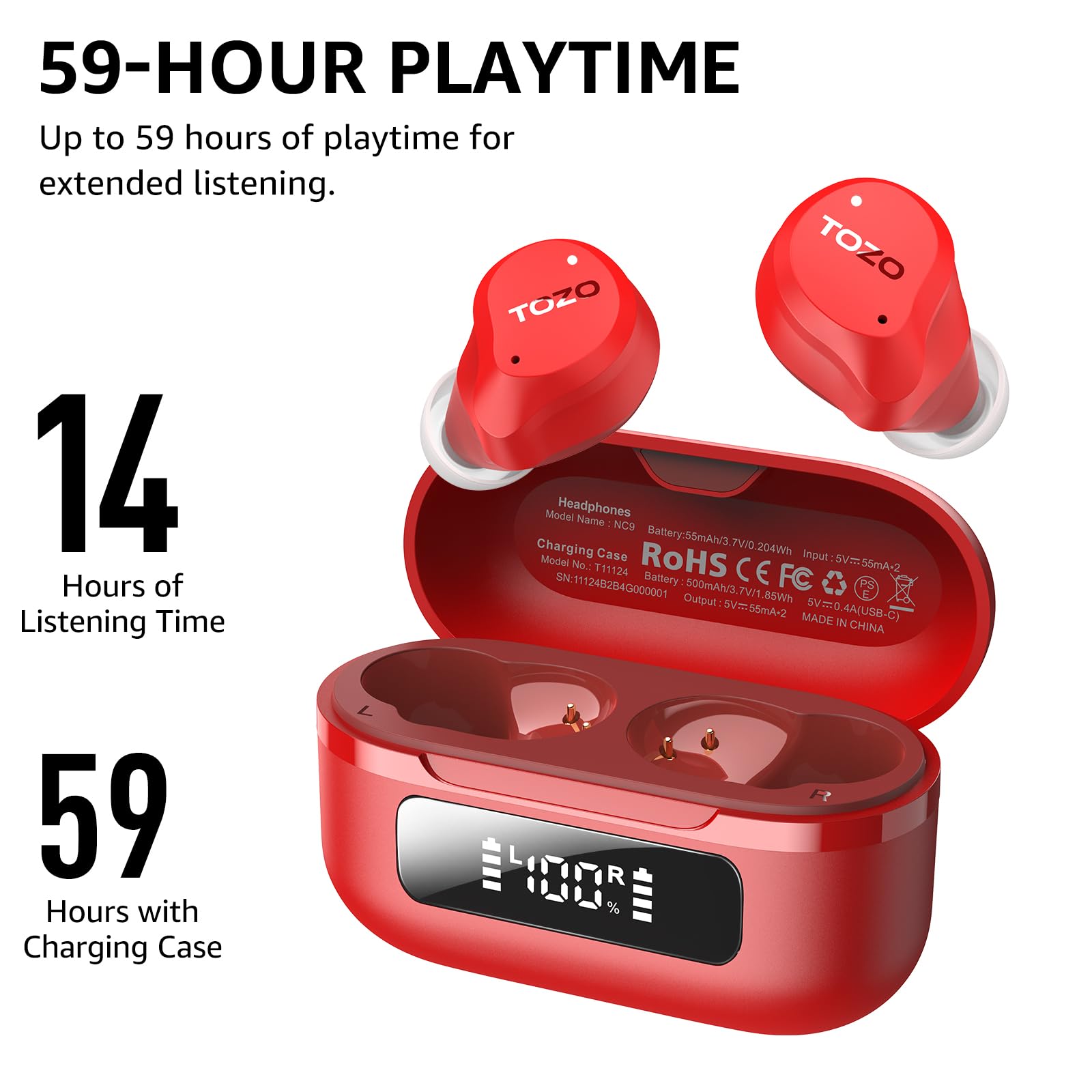 TOZO Hybrid Active Noise Cancelling Wireless Earbuds, 6 Mics ENC Clear Call, IPX8 Waterproof, in Ear Bluetooth 5.3 Headphones Stereo Bass Ear Buds 59H Playtime with LED Display 32 EQs via APP thumbnail 5