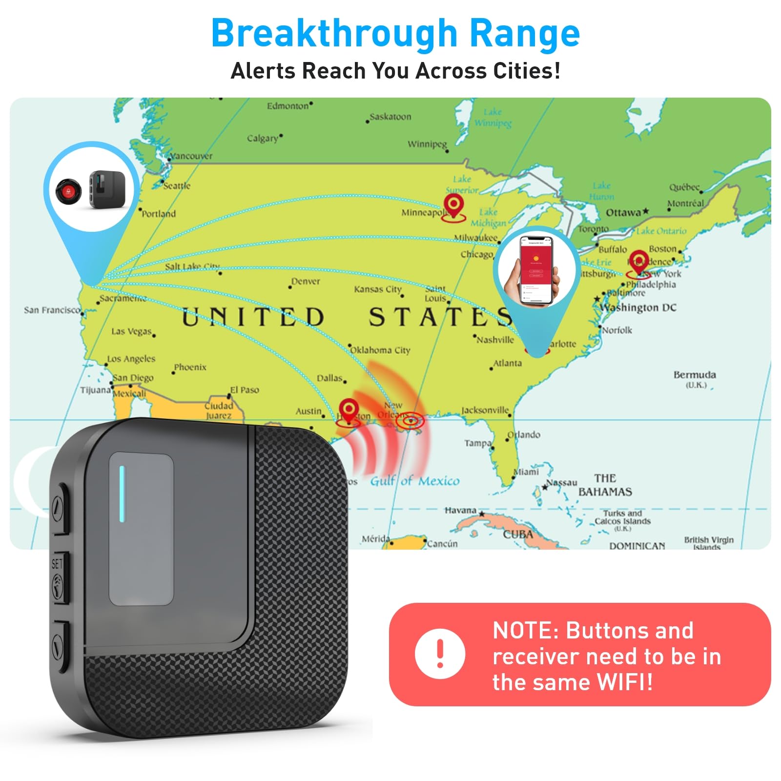 WiFi Caregiver Pager System with Alert Button That Calls Cell Phone - Wireless Nurse Call Button for Elderly, Seniors, Disabled &amp; Kids - 2 SOS Emergency Buttons &amp; 1 Receiver (Only Supports 2.4GHz) thumbnail 3