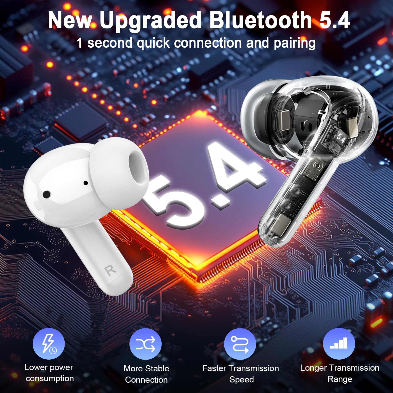Wireless Earbuds, 2025 Bluetooth 5.4 Headphones 3D Bass Hi-Fi Stereo Ear Buds, 4 ENC Noise Cancelling Mic, 40+Hrs USB-C in-Ear Earphone, IP-X7 Waterproof Sport Workout Gym for Laptop Pad Android iOS thumbnail 2