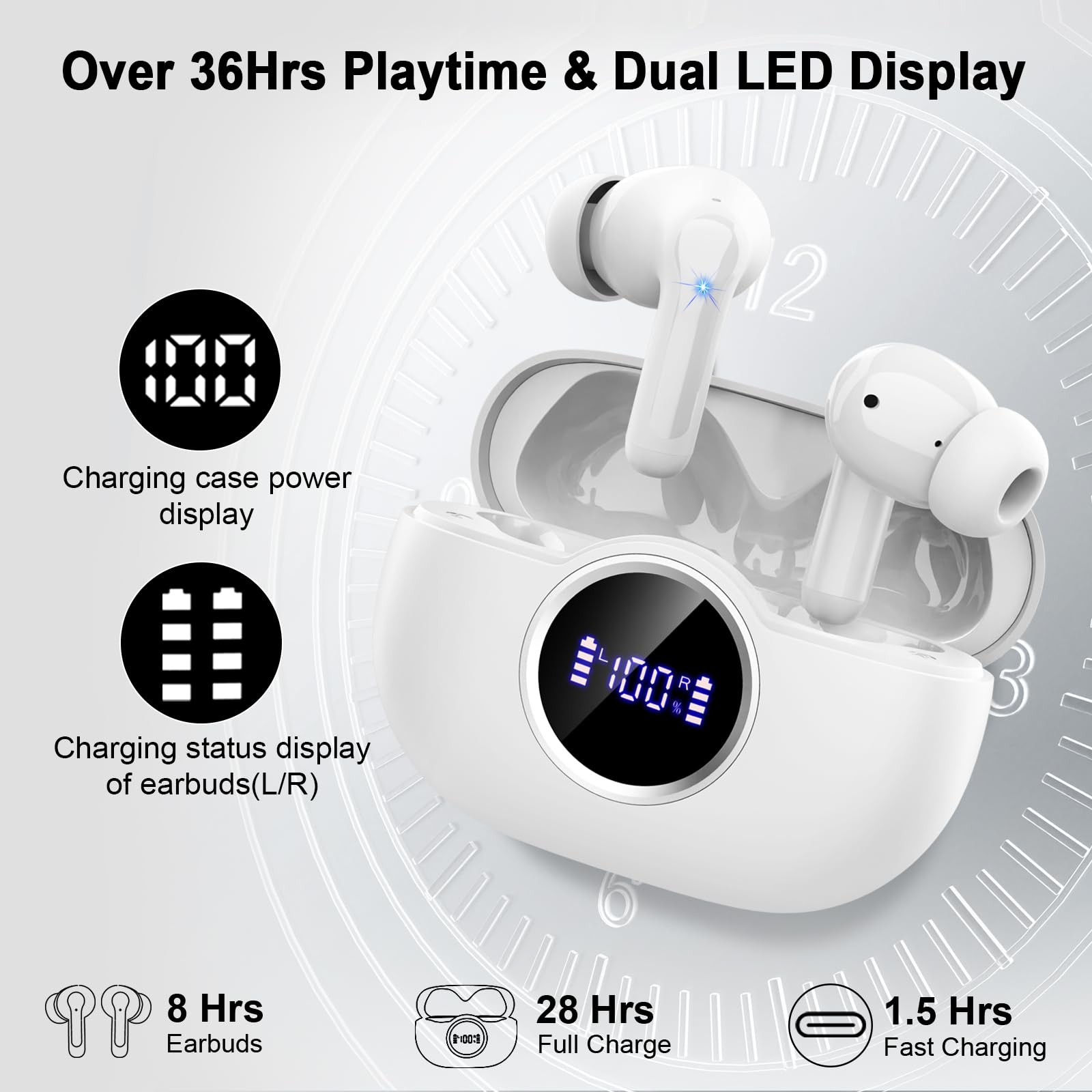 Wireless Earbuds, 2025 Bluetooth 5.4 Headphones 3D Bass Hi-Fi Stereo Ear Buds, 4 ENC Noise Cancelling Mic, 40+Hrs USB-C in-Ear Earphone, IP-X7 Waterproof Sport Workout Gym for Laptop Pad Android iOS thumbnail 5