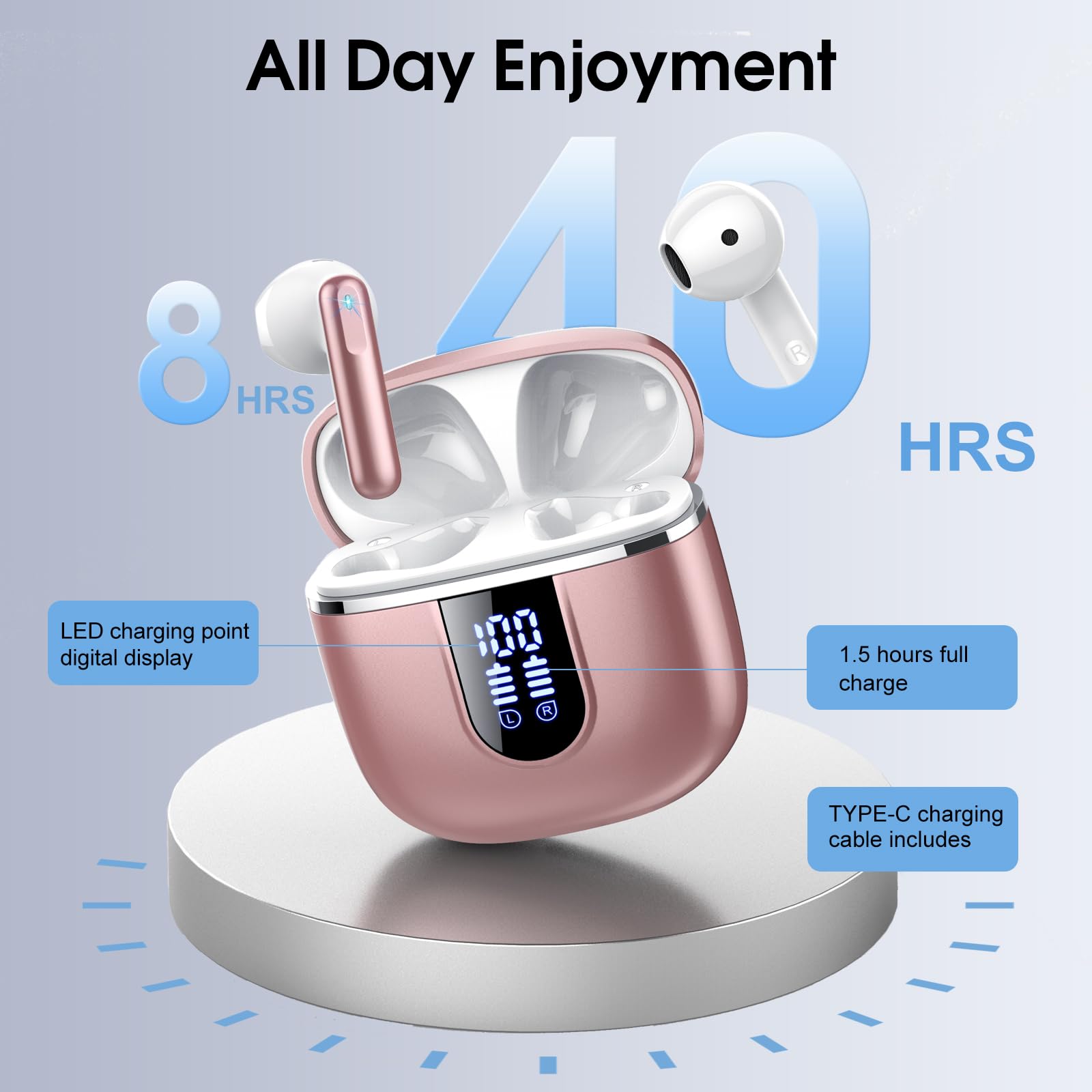 Wireless Earbuds, Bluetooth 5.4 Headphones with 3D Bass Stereo, 40H Ultralight in-Ear Buds, Bluetooth Earbuds with 4 ENC Noise Cancelling Mic, USB-C, IP7 Waterproof Earphones for Android iOS, Rose thumbnail 4