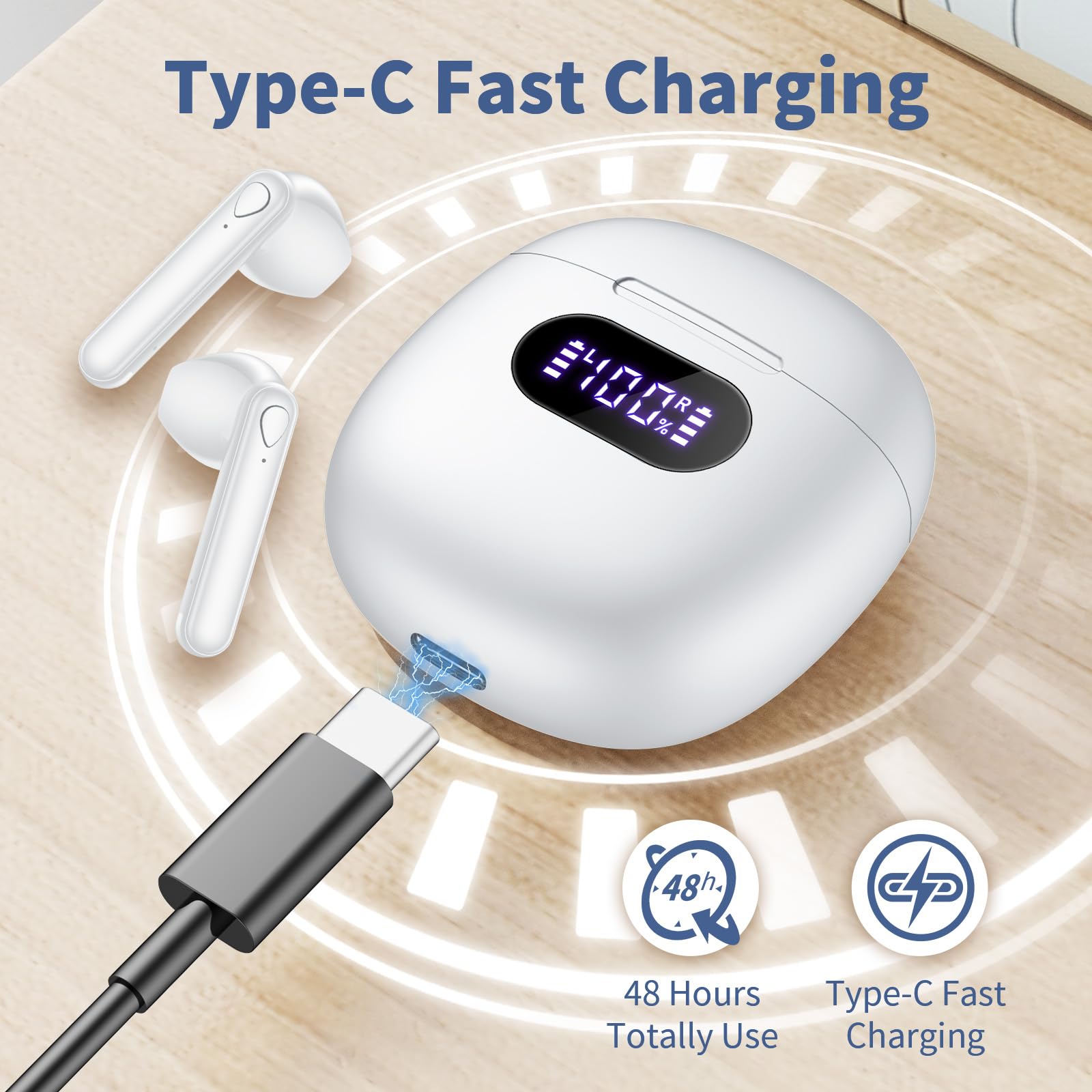 Wireless Earbuds, V5.3 Bluetooth Headphones, 48H Playtime LED Power Display USB-C Fast Charging Case, HiFi Stereo Deep Base Earphones IPX7 Waterproof Ear Buds with Built-in Mic for Workout/Home/Office thumbnail 3