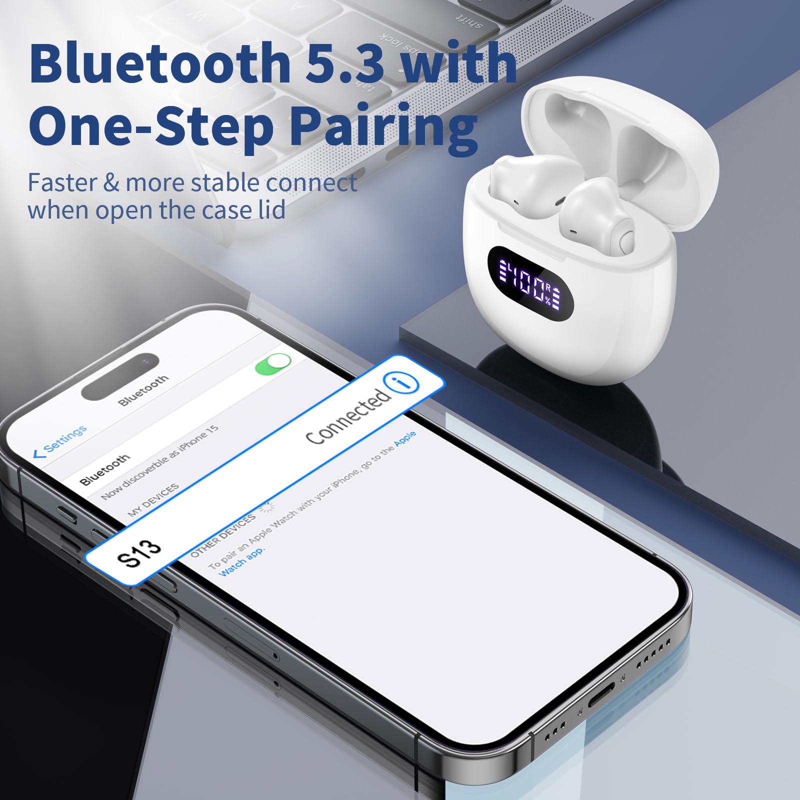 Wireless Earbuds, V5.3 Bluetooth Headphones, 48H Playtime LED Power Display USB-C Fast Charging Case, HiFi Stereo Deep Base Earphones IPX7 Waterproof Ear Buds with Built-in Mic for Workout/Home/Office thumbnail 5