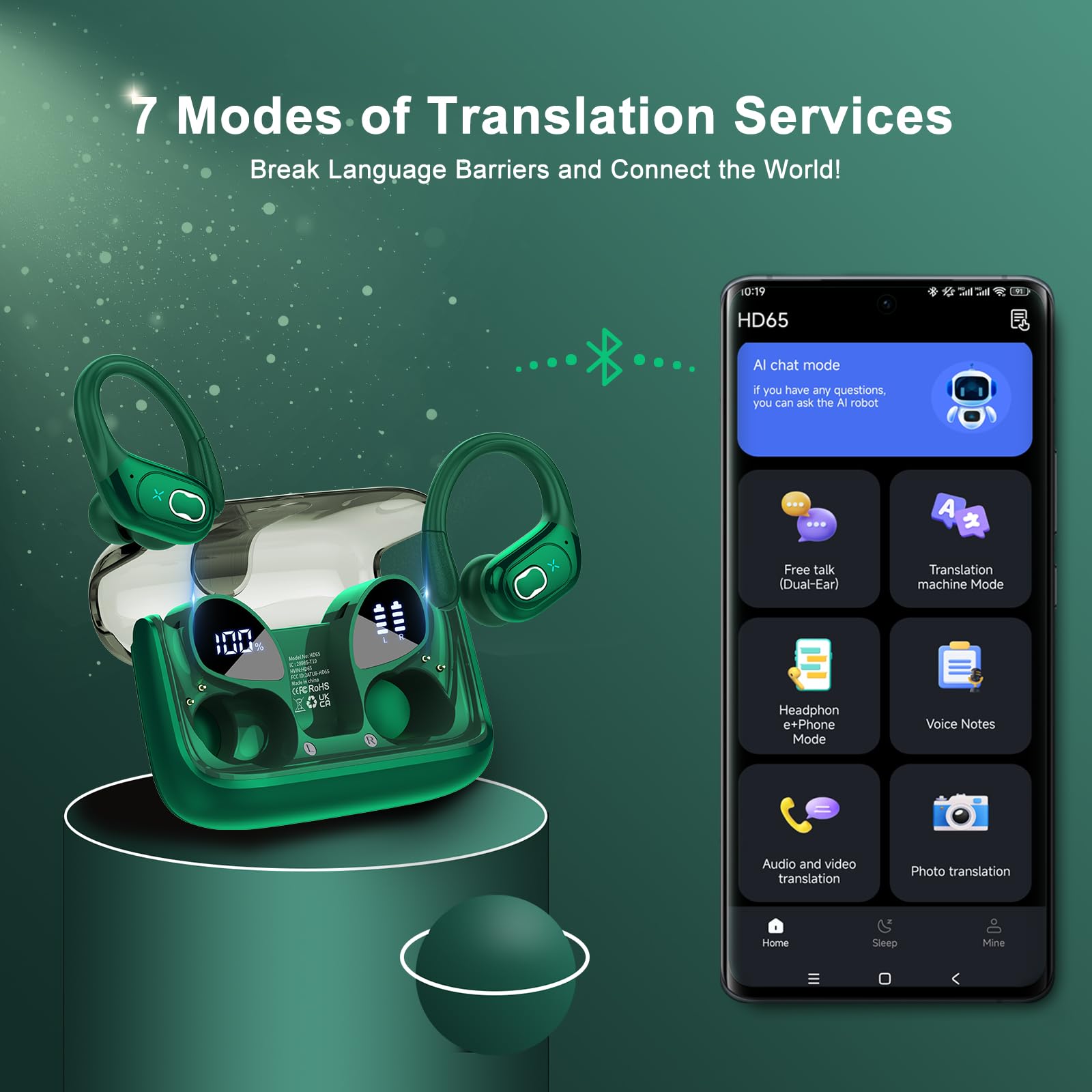 AI Translation Earbuds Real Time, 164 Language Translator Earbud 3-in-1 Bluetooth 5.4 Translator Earbuds with 6 Translation Modes, 75H Translators Headphones with APP for Travel Business, Black thumbnail 2