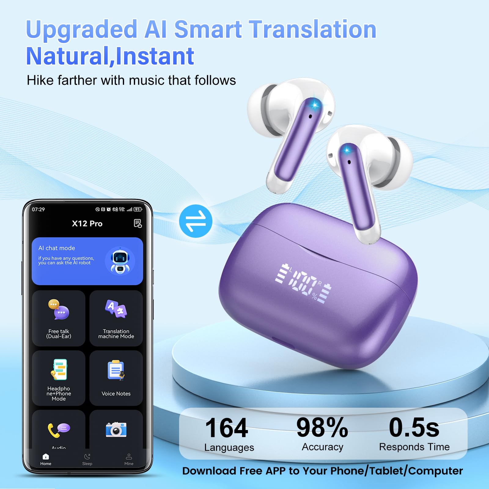 AI Translation Earbuds Real Time with Audio and Video Calls, 164 Language/7 Translation Modes Translator Earbuds Bluetooth 5.4 with APP, 48H AI Ear Buds Translator Device for Business/Learning/Travel thumbnail 2