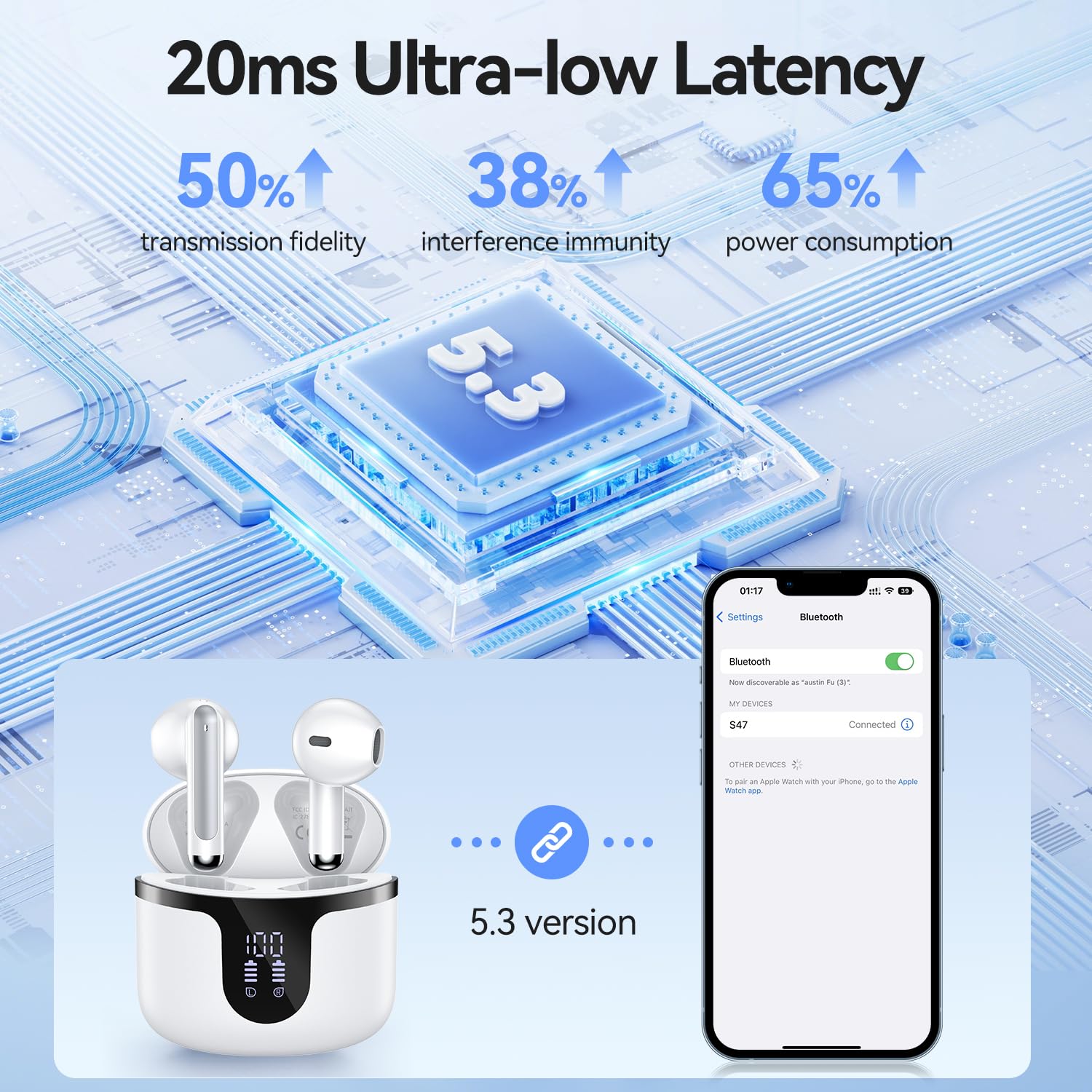 BHNYBWUL Wireless Earbuds, 2025 Bluetooth 5.3 Headphones HiFi Stereo 50H Playback Ear Buds with Led Digital Display, ENC Noise Cancelling Earbuds for Laptop Computer, iOS, Android, White thumbnail 4