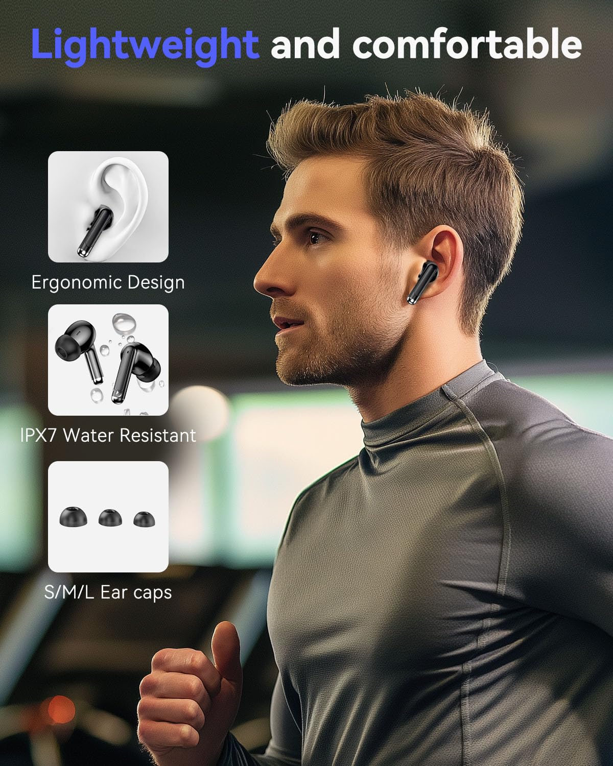 Bluetooth Headphones True Wireless Earbuds 50H Playback LED Power Display Earphones with Wireless Charging Case IPX7 Waterproof in-Ear Ear buds with Mic for Smart Phone Computer Sports, Black thumbnail 5