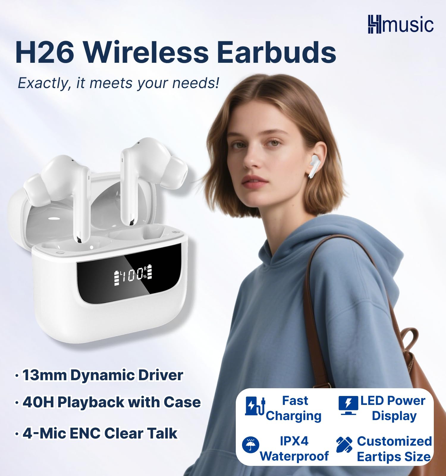 Hmusic H26 Wireless Earbuds,4 Mic ENC in Ear Headphones,Bluetooth Earphones 40H Playtime w/Charging Case,LED Display,Long Battery Life,Waterproof Workout Sport for Android iOS thumbnail 2