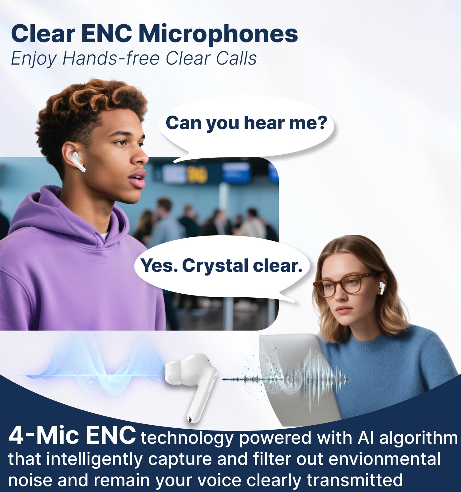 Hmusic H26 Wireless Earbuds,4 Mic ENC in Ear Headphones,Bluetooth Earphones 40H Playtime w/Charging Case,LED Display,Long Battery Life,Waterproof Workout Sport for Android iOS thumbnail 3