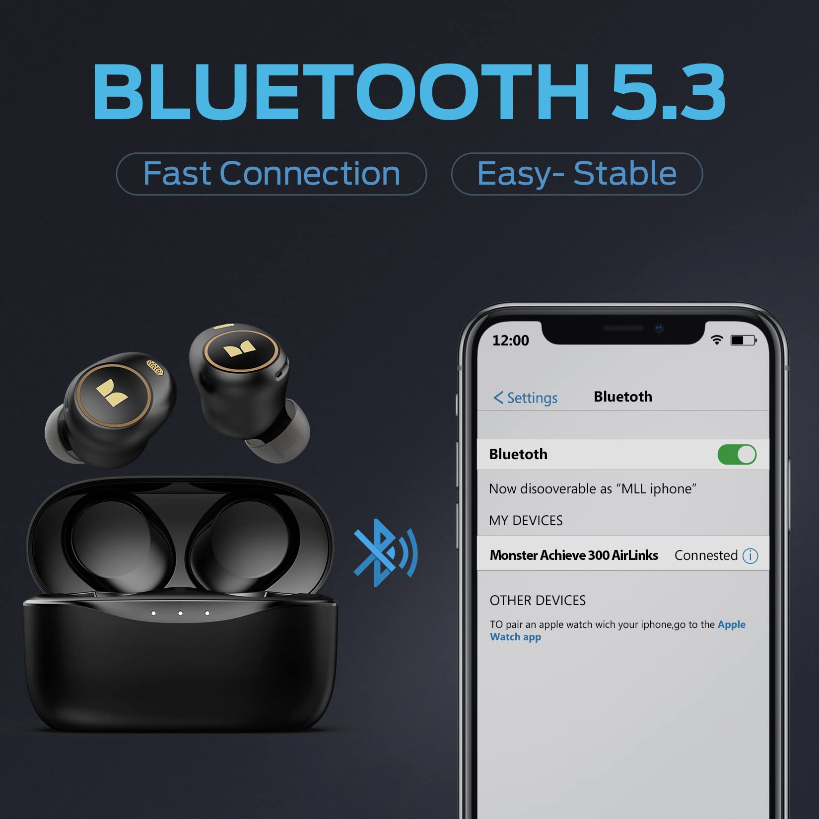 Monster Wireless Earbuds, Bluetooth 5.3 in-Ear Headphones with Charging Case, Stereo Headphones, Built-in Mic, Clear Call, Water Resistant Design for Sports Earbuds thumbnail 2