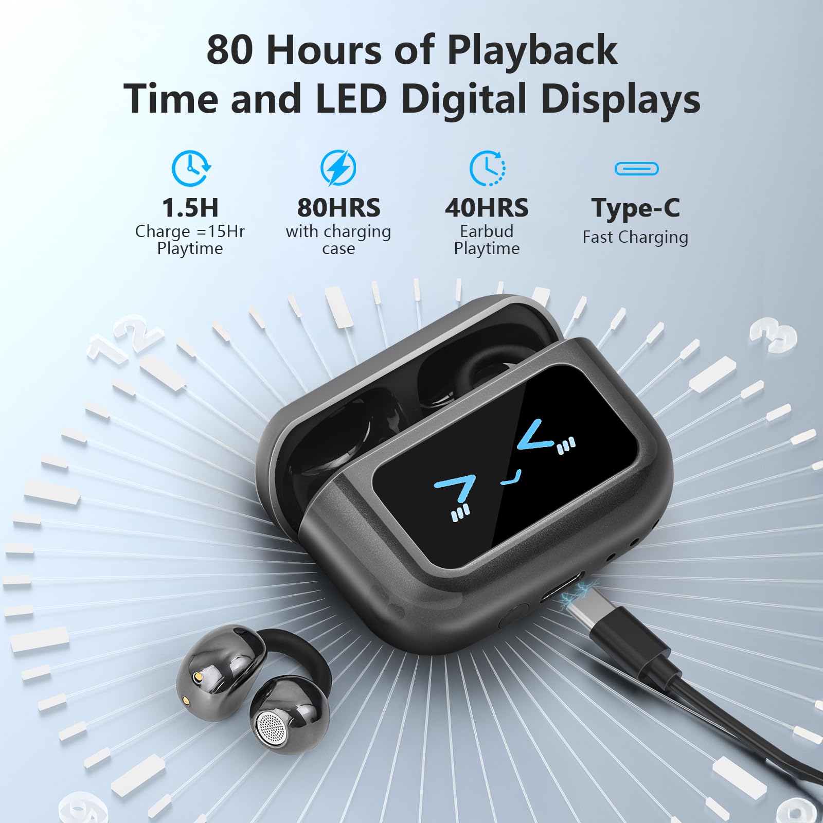 Open Ear Clip On Earbuds Intelligent Touch Color Screen Open Ear Wireless Bluetooth 5.4 Headphones Lightweight Comfort Sport Earbuds Built-in Mic IPX7 Waterproof Earphones for Running Fitness (Purple) thumbnail 2