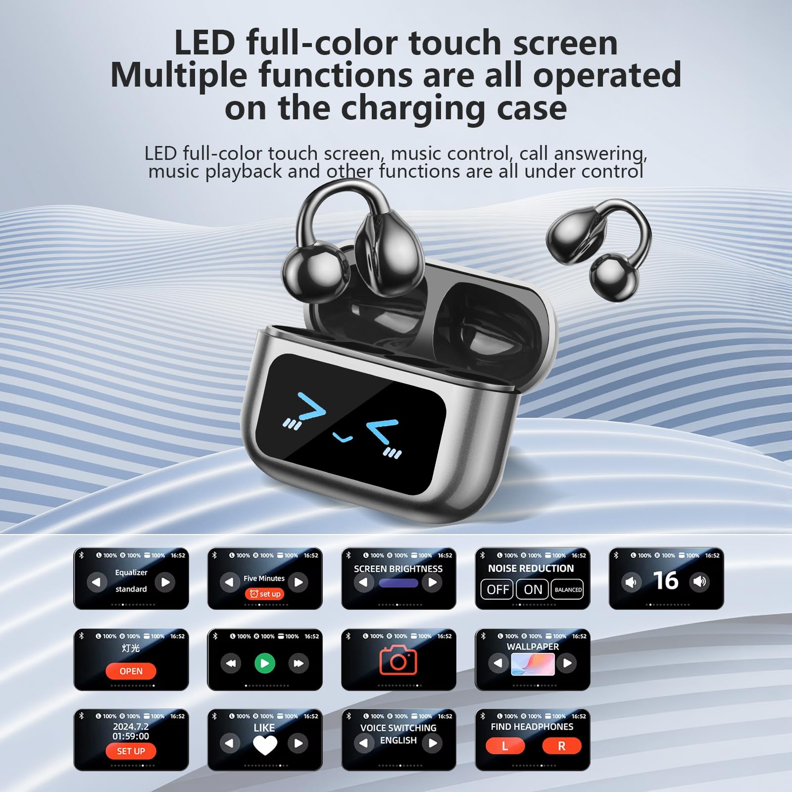 Open Ear Clip On Earbuds Intelligent Touch Color Screen Open Ear Wireless Bluetooth 5.4 Headphones Lightweight Comfort Sport Earbuds Built-in Mic IPX7 Waterproof Earphones for Running Fitness (Purple) thumbnail 4