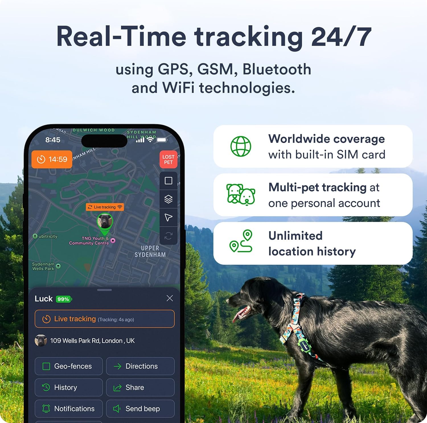 PETLOC8 Dog GPS Tracker - Real-Time Location Tracking Device with App - Smart Alerts &amp; Geo-Fence - Collar-Compatible, Waterproof - Long-Life Battery - 4G Built-in SIM - iOS &amp; Android thumbnail 2