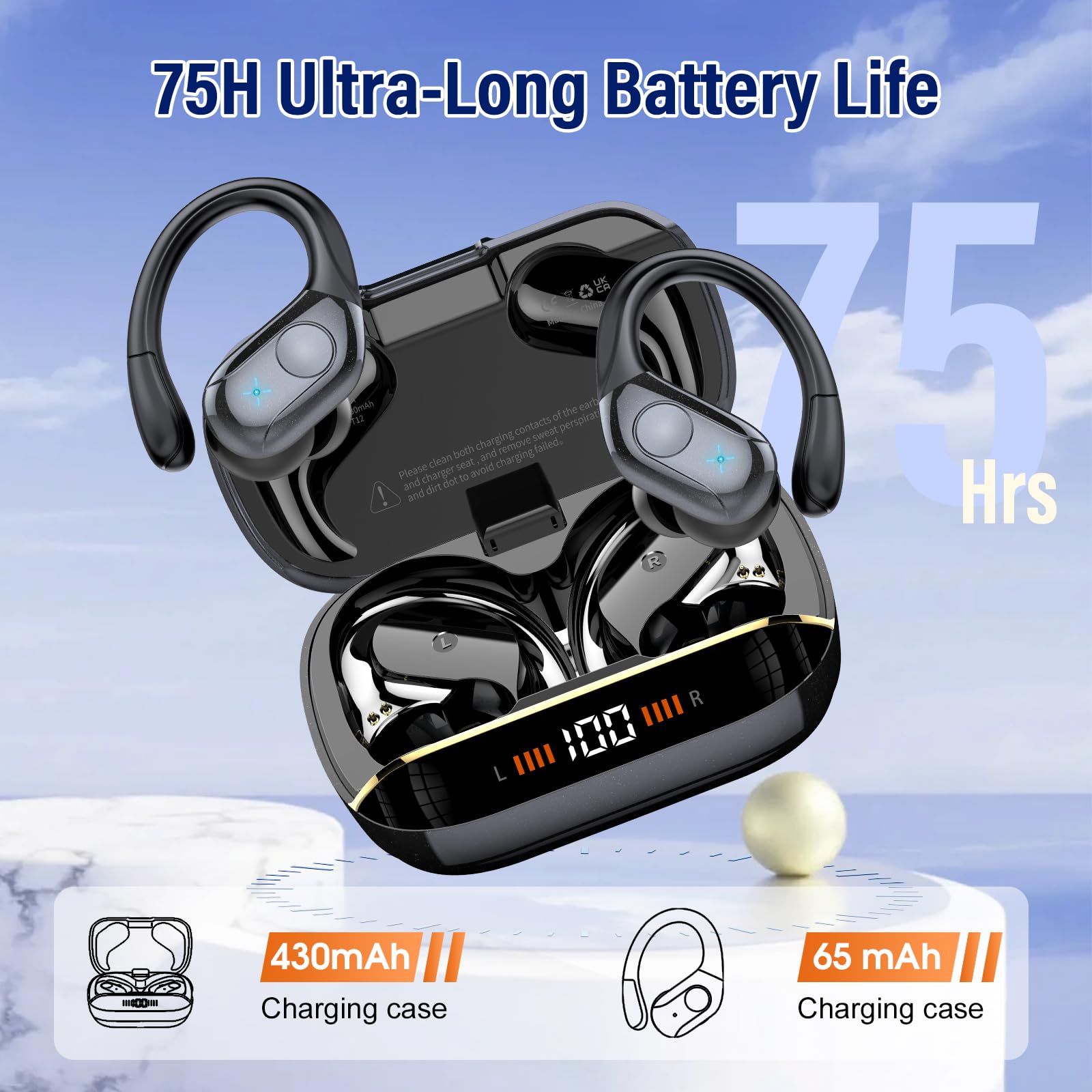 Qecnato Wireless Earbuds Bluetooth 5.4 Headphones Sports, 75H Stereo Deep Bass Over Ear Buds with Earhooks, Bluetooth Earbuds with 4 ENC Mic, LED Display, IP7 Waterproof Earphone for Running, Black thumbnail 3