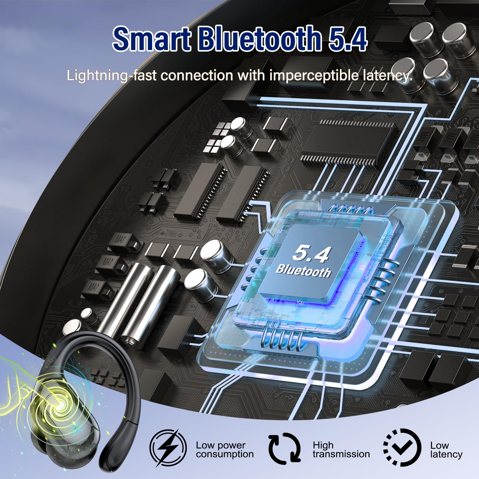 Qecnato Wireless Earbuds Bluetooth 5.4 Headphones Sports, 75H Stereo Deep Bass Over Ear Buds with Earhooks, Bluetooth Earbuds with 4 ENC Mic, LED Display, IP7 Waterproof Earphone for Running, Black thumbnail 4