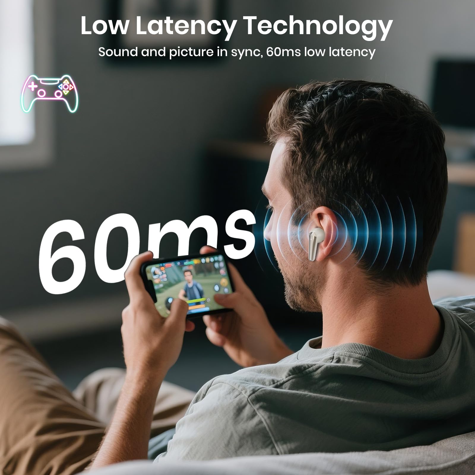 SIAWAG Wireless Earbuds Bluetooth 5.4 Light Weight in Ear Earphones 10mm Drivers with Powerful Bass IPX5 Waterproof Headphones 60H Long Playtime Bluetooth Headphones ANC ENC Noise Cancelling Khaki thumbnail 5