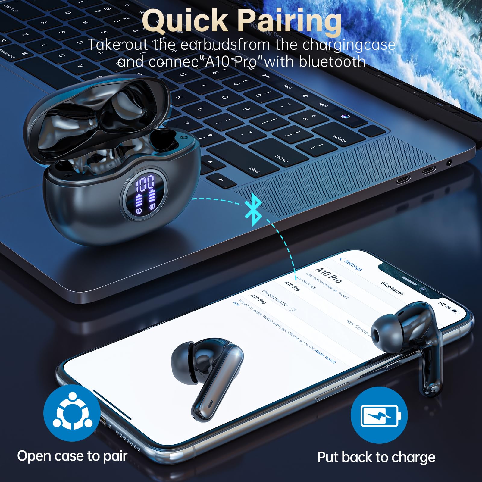 Sisism A10 Pro Wireless Earbuds, Bluetooth 5.3 Headphones HiFi Stereo 50H Playback LED Digital Display Ear Buds with ENC Noise Canceling Headset, IPX7 Waterproof Earphones for Gym/Running/Work thumbnail 3