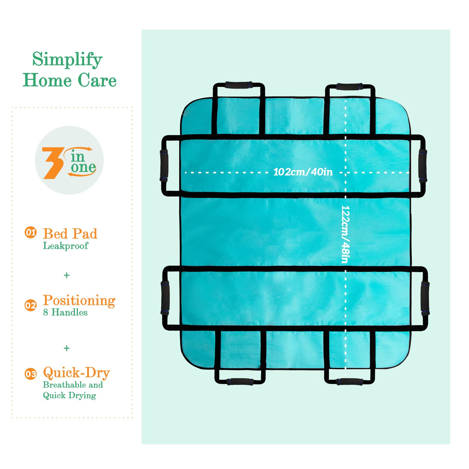 VobeNit Positioning Bed Pads for Elderly 48 * 40 inch Washable Transfer Sheet Seniors 8 Soft Handles Patient Pull Sheets Aid Moving,Lifting,Turning,Nursing Bedridden Reusable Transfer Blanket thumbnail 3