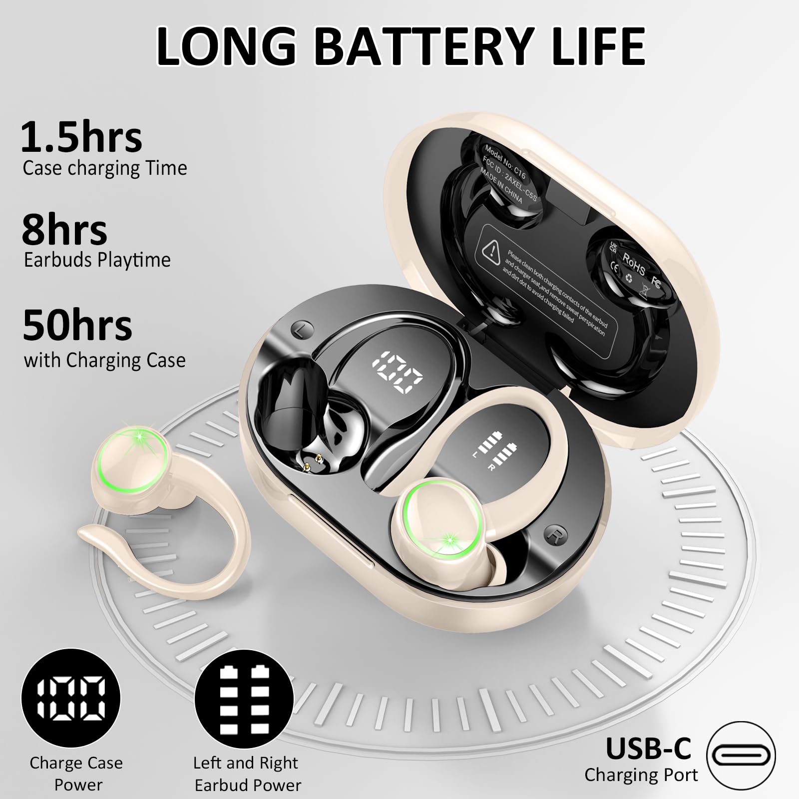 Wireless Earbuds, Bluetooth Headphones, Deep Bass Fitness Earphones Gym Running, IP7 Waterproof Headset with Earhook Workout, 50H Playback Over-Ear Buds with ENC Noise Cancelling Mic thumbnail 3