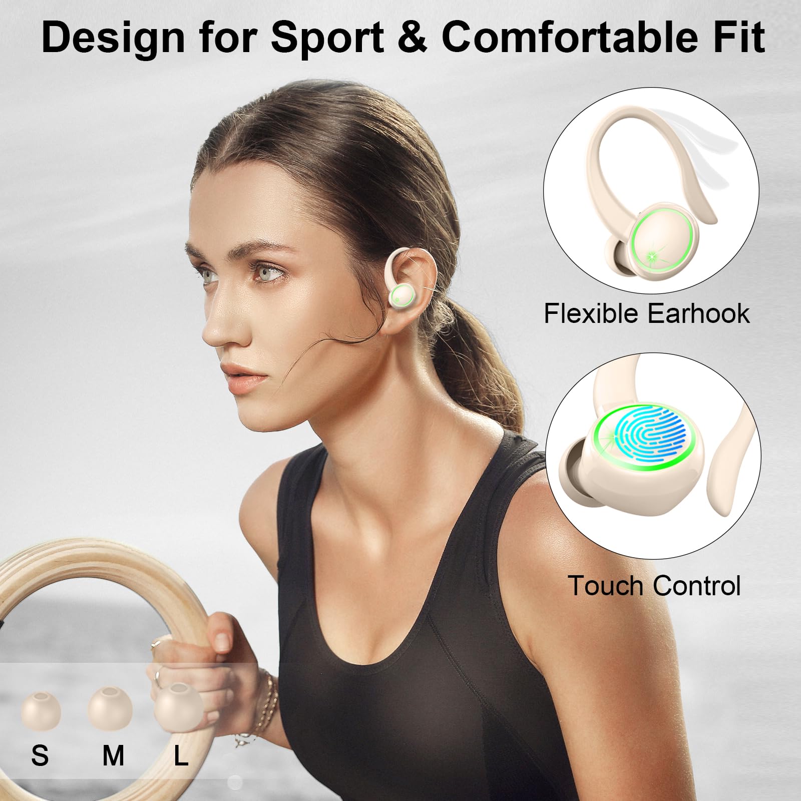 Wireless Earbuds, Bluetooth Headphones, Deep Bass Fitness Earphones Gym Running, IP7 Waterproof Headset with Earhook Workout, 50H Playback Over-Ear Buds with ENC Noise Cancelling Mic thumbnail 4