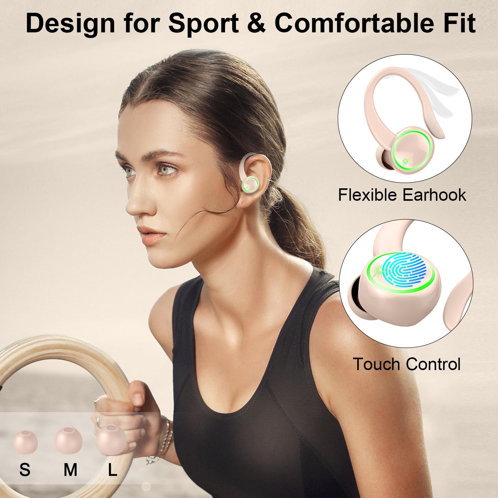 Wireless Earbuds, Deep Bass Fitness Earphones Gym Running, Bluetooth Headphones Sports, IP7 Waterproof Headset with Earhook Workout, Playback Over-Ear Buds with Noise Cancelling Mic thumbnail 4