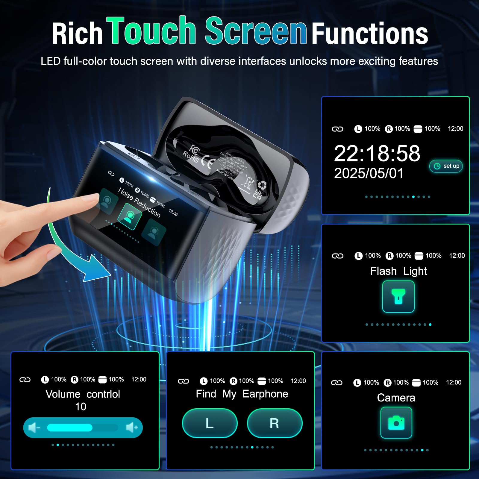 ZYHKON Wireless Earbuds, Bluetooth 5.4 Headphones with Multifunction Touch Screen, 48H Deep Bass Stereo Ear Buds, ANC/ENC Noise Cancelling, Transparency Mode, IPX7 Bluetooth Earbuds, 5 EQ Modes, Black thumbnail 4