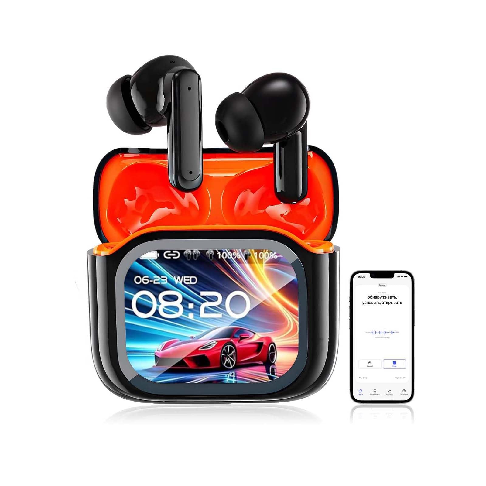 AI 2025 New 6.0 Pro NE20 Translation Earbuds,NE20 Translation Earbud Real Time,LCD Touch Screen,Intelligent Noise Reduction,Spanish & English Live Translation,Suitable for Travelling, Business Use image 1