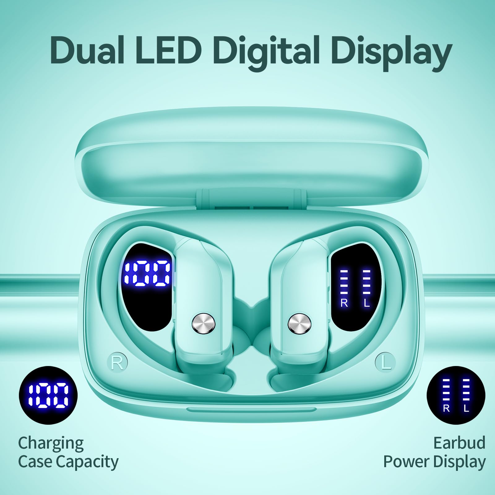 bmani Ear Buds Wireless Earbuds Bluetooth Headphones with 80H Playtime LED Display Case, Over-Ear Hook with Mic, Stereo Sound, Easy Button Controls, Sports Earphones for Running Workout Gym Black thumbnail 3