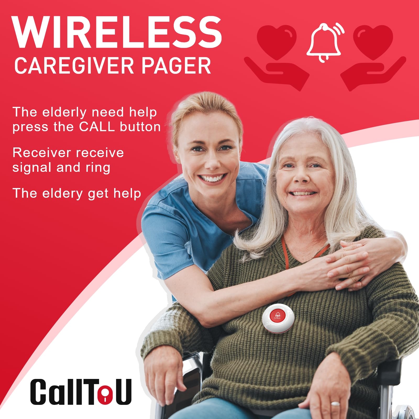 CallToU Wireless Caregiver Pager Smart Monitoring System Alert Buttons Hand Call Bell for Elderly Seniors Patients Nurse Disabled thumbnail 2