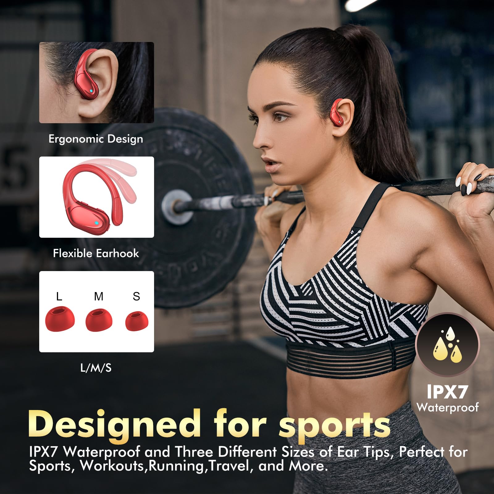 HAOYUYAN Wireless Earbuds, Sports Bluetooth Headphones, 80Hrs Playtime Ear Buds with LED Power Display, Noise Canceling Headset, IPX7 Waterproof Earphones for Workout/Running (Rose Gold) thumbnail 5