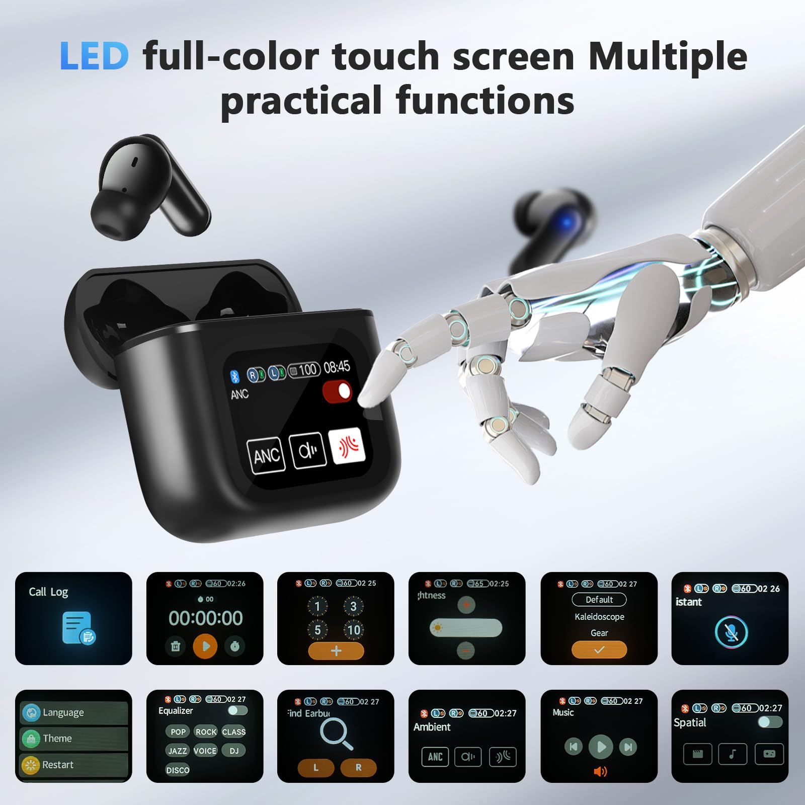 Intelligent Touch Color Screen Headphones, 50H Wireless Bluetooth 5.3 in Ear Bass Stereo Earbuds,ANC/ENC Noise Cancelling Earphones Microphone LED Display Charging case, Sports Fitness Black thumbnail 2