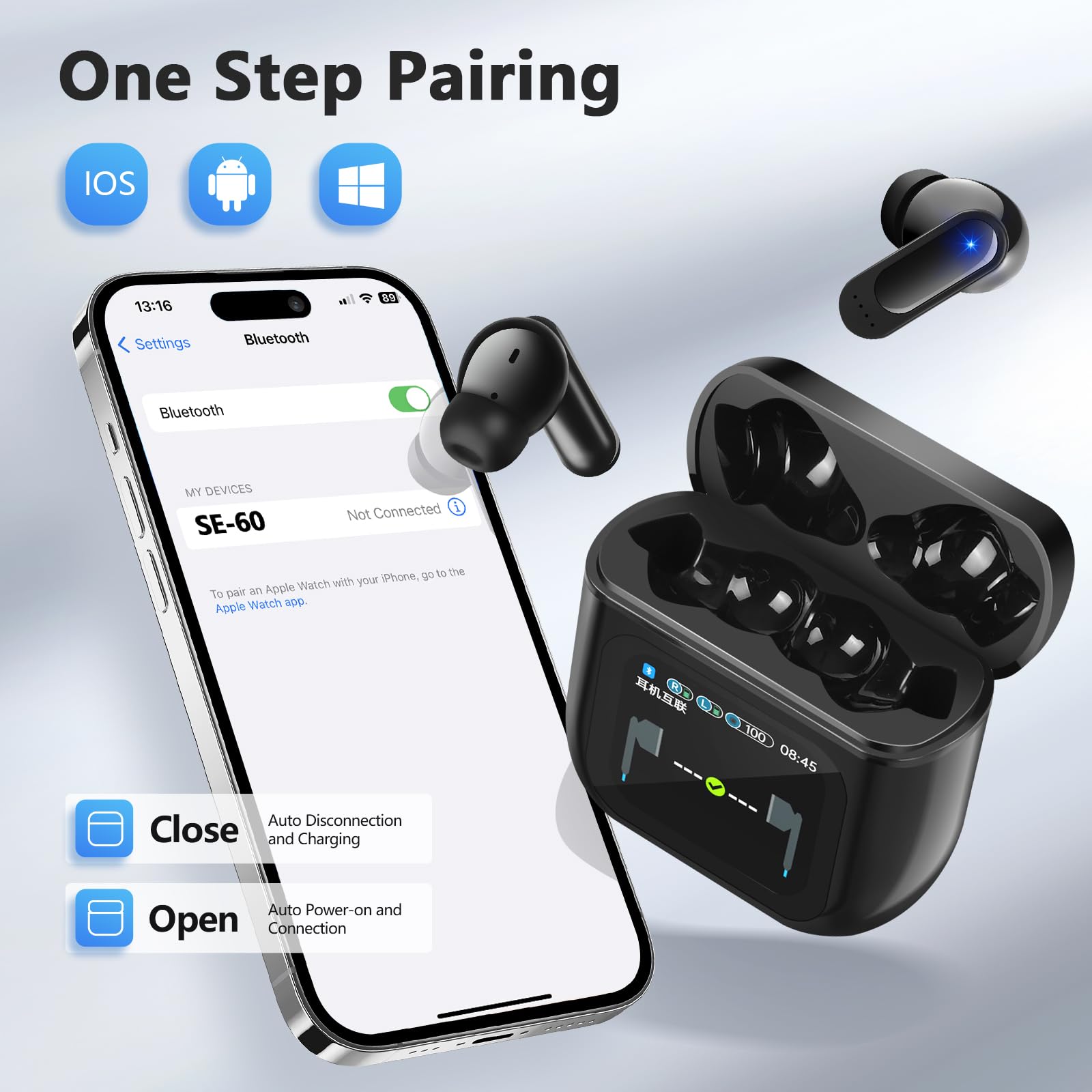 Intelligent Touch Color Screen Headphones, 50H Wireless Bluetooth 5.3 in Ear Bass Stereo Earbuds,ANC/ENC Noise Cancelling Earphones Microphone LED Display Charging case, Sports Fitness Black thumbnail 4