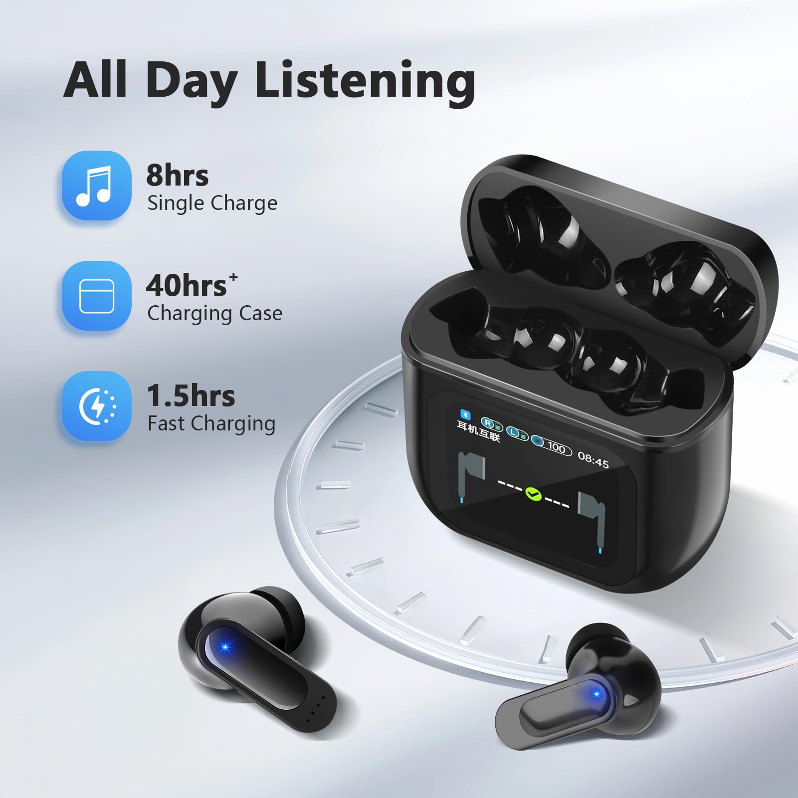 Intelligent Touch Color Screen Headphones, 50H Wireless Bluetooth 5.3 in Ear Bass Stereo Earbuds,ANC/ENC Noise Cancelling Earphones Microphone LED Display Charging case, Sports Fitness Black thumbnail 5