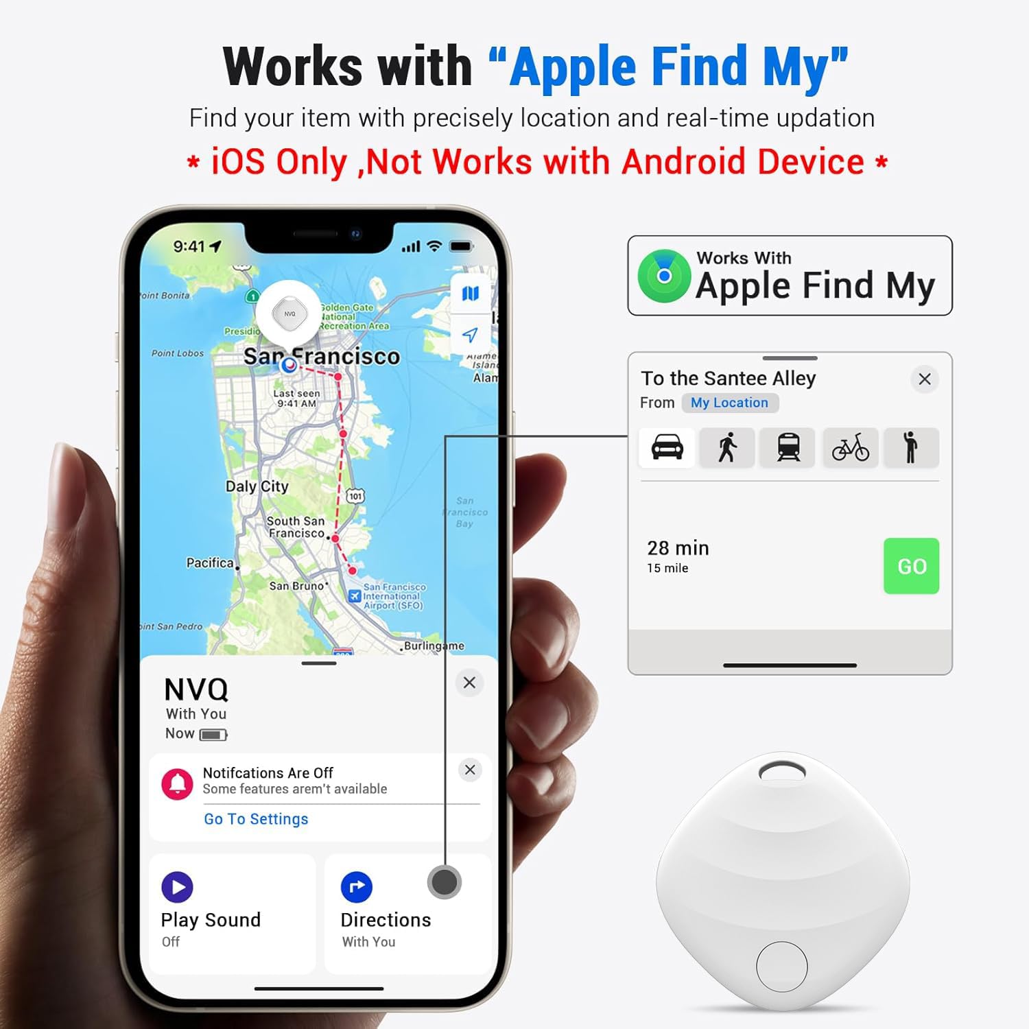 Key Finder, Bluetooth Tracker Locator Pairs with Apple Find My (iOS only), Item Finder for Keys,Wallet,Pets,Bag,Backpack and Suitcase, 400ft Range Smart Tracker Tags, Compatible with iOS, Black 1Pack thumbnail 2