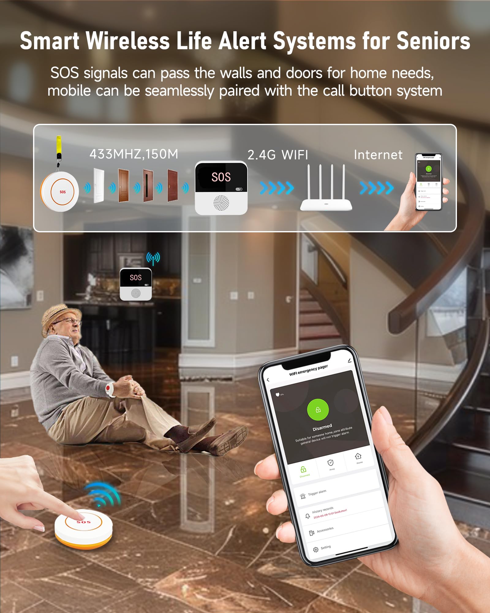 PILSAMAS WiFi Caregiver Pager Wireless Call Button System with App Alert, Multi-Location Alarms &amp; Backup Alerts for Nursing Homes &amp; Elderly Care - 2 Hub + 2 Call Button + 1 Wristband Panic Button thumbnail 2
