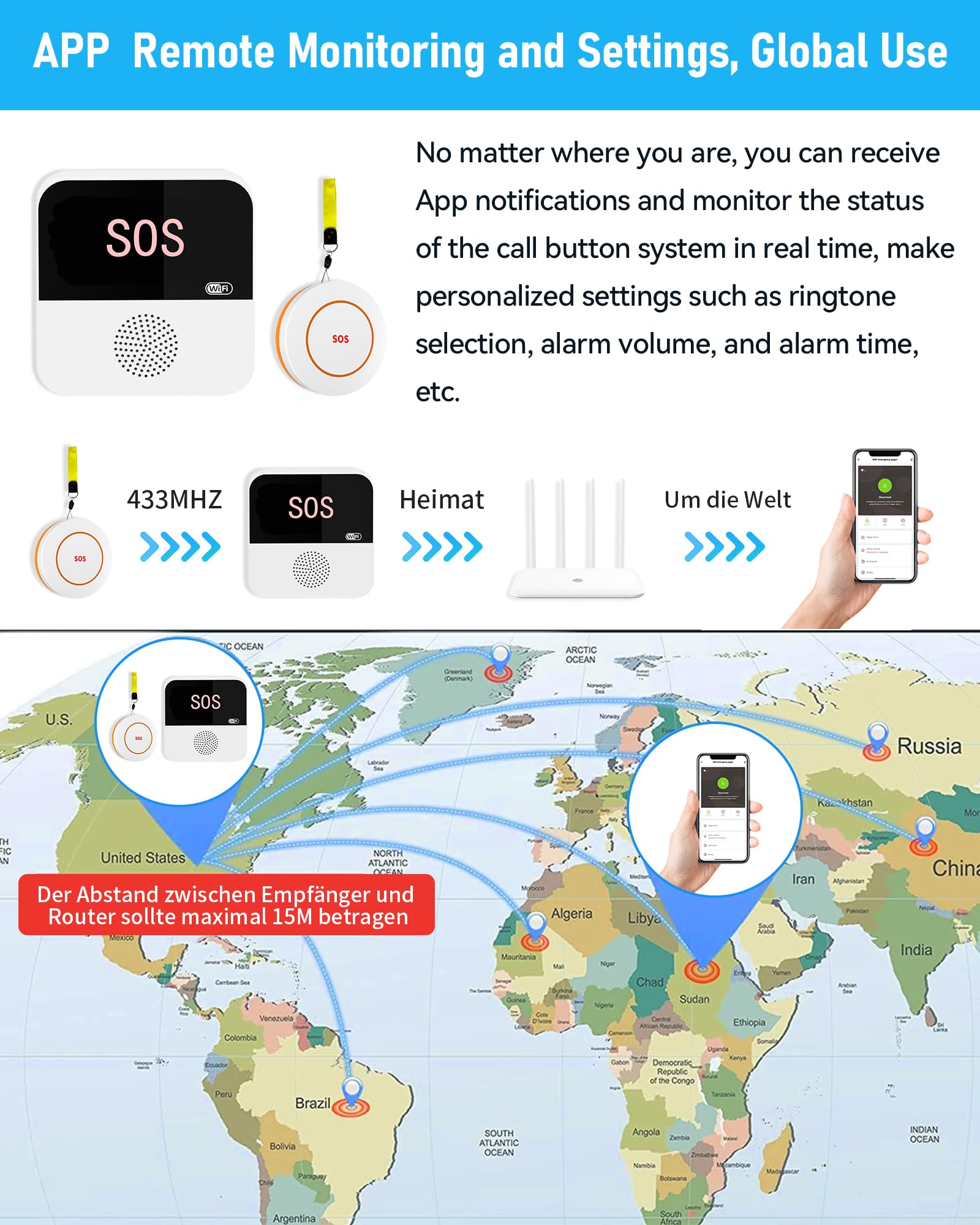 PILSAMAS WiFi Caregiver Pager Wireless Call Button System with App Alert, Multi-Location Alarms &amp; Backup Alerts for Nursing Homes &amp; Elderly Care - 2 Hub + 2 Call Button + 1 Wristband Panic Button thumbnail 4