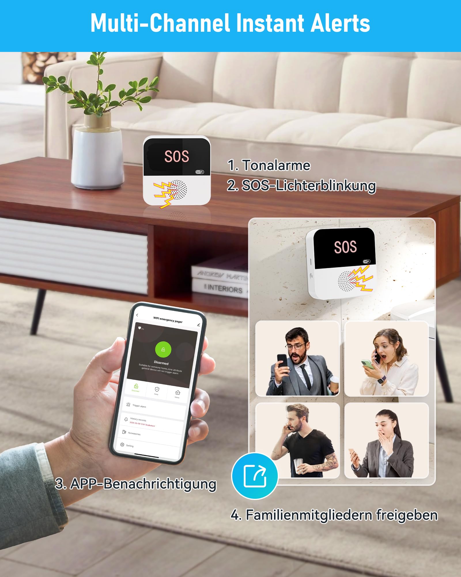 PILSAMAS WiFi Caregiver Pager Wireless Call Button System with App Alert, Multi-Location Alarms &amp; Backup Alerts for Nursing Homes &amp; Elderly Care - 2 Hub + 2 Call Button + 1 Wristband Panic Button thumbnail 5