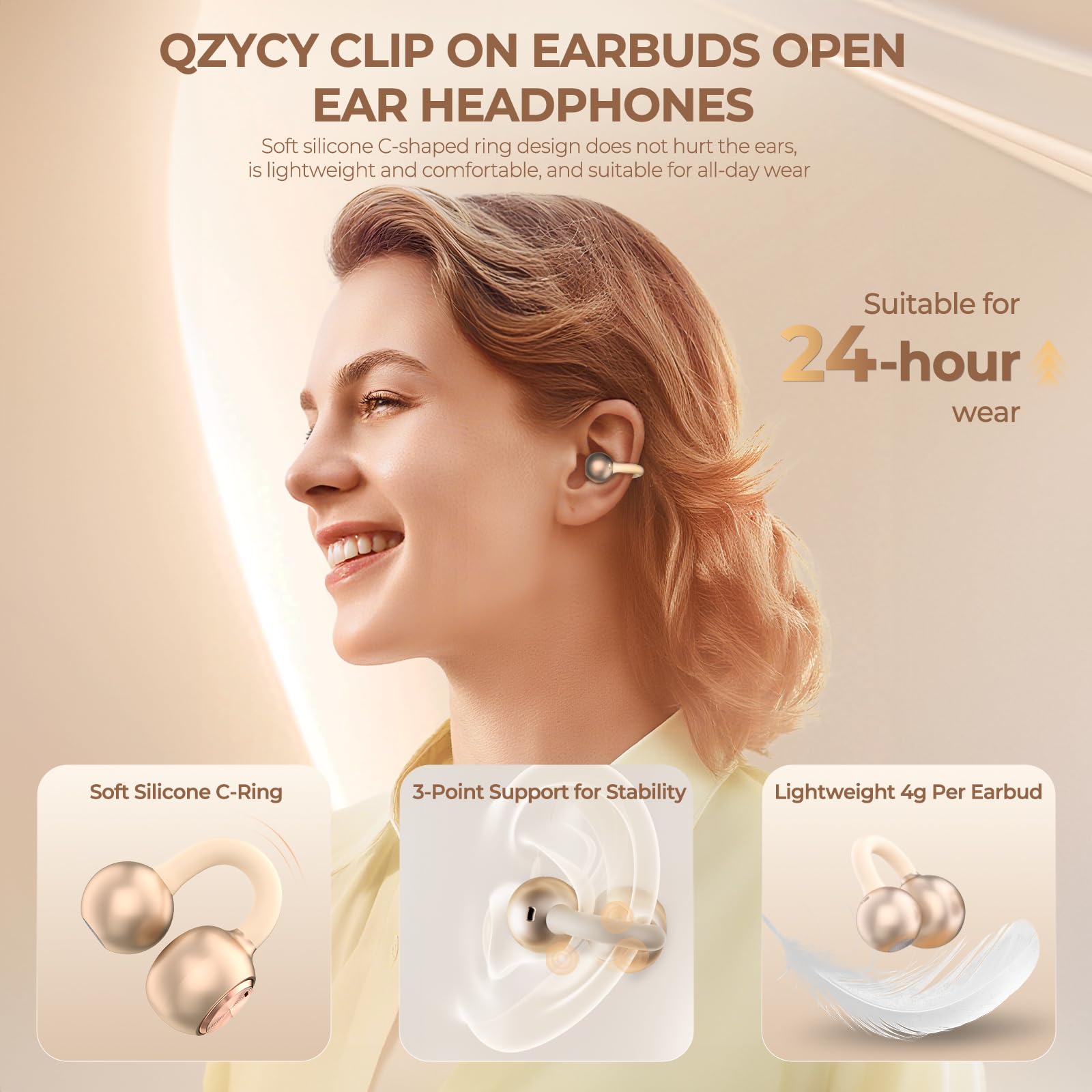QZYCY Clip On Earbuds Open Ear Headphones - No Hurt Ears, Wireless 5.4 Earphone with Mic, 40H Playtime, Premium Audio, Charging Case Lighting Effects, for Office, Sports, Gold - DL3 thumbnail 2