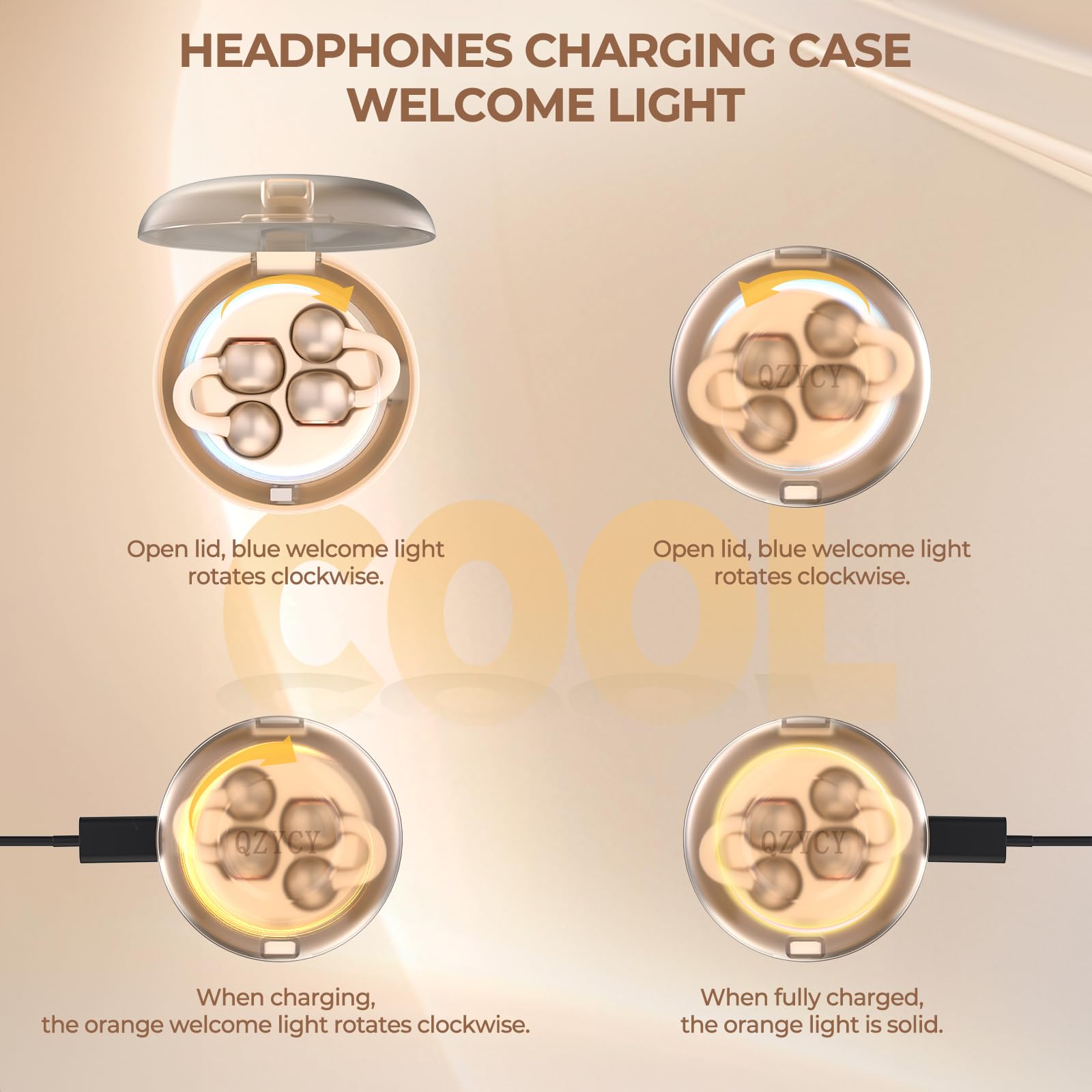 QZYCY Clip On Earbuds Open Ear Headphones - No Hurt Ears, Wireless 5.4 Earphone with Mic, 40H Playtime, Premium Audio, Charging Case Lighting Effects, for Office, Sports, Gold - DL3 thumbnail 3